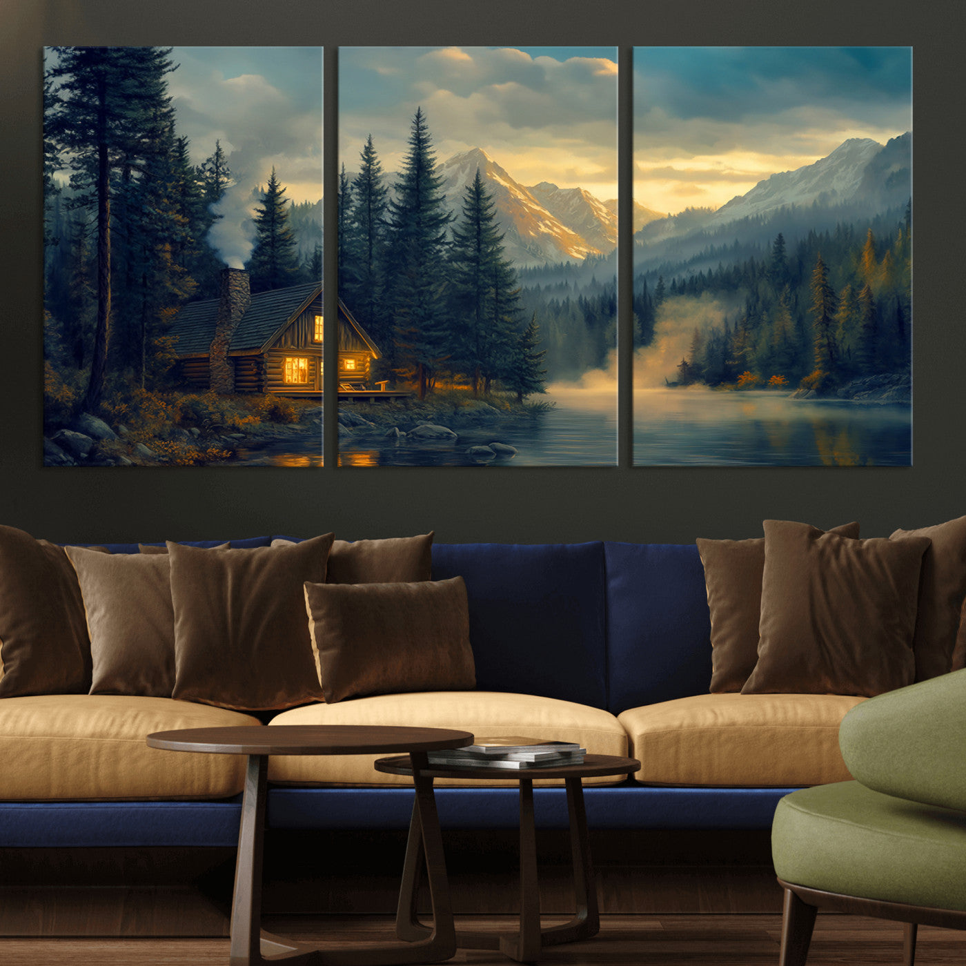 Mountain Cabin by the Lake at Sunset Wall Art - Serene