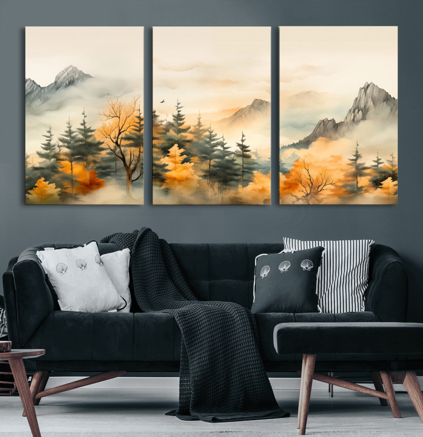 Abstract Watercolor Mountains and Trees Autumn Art,