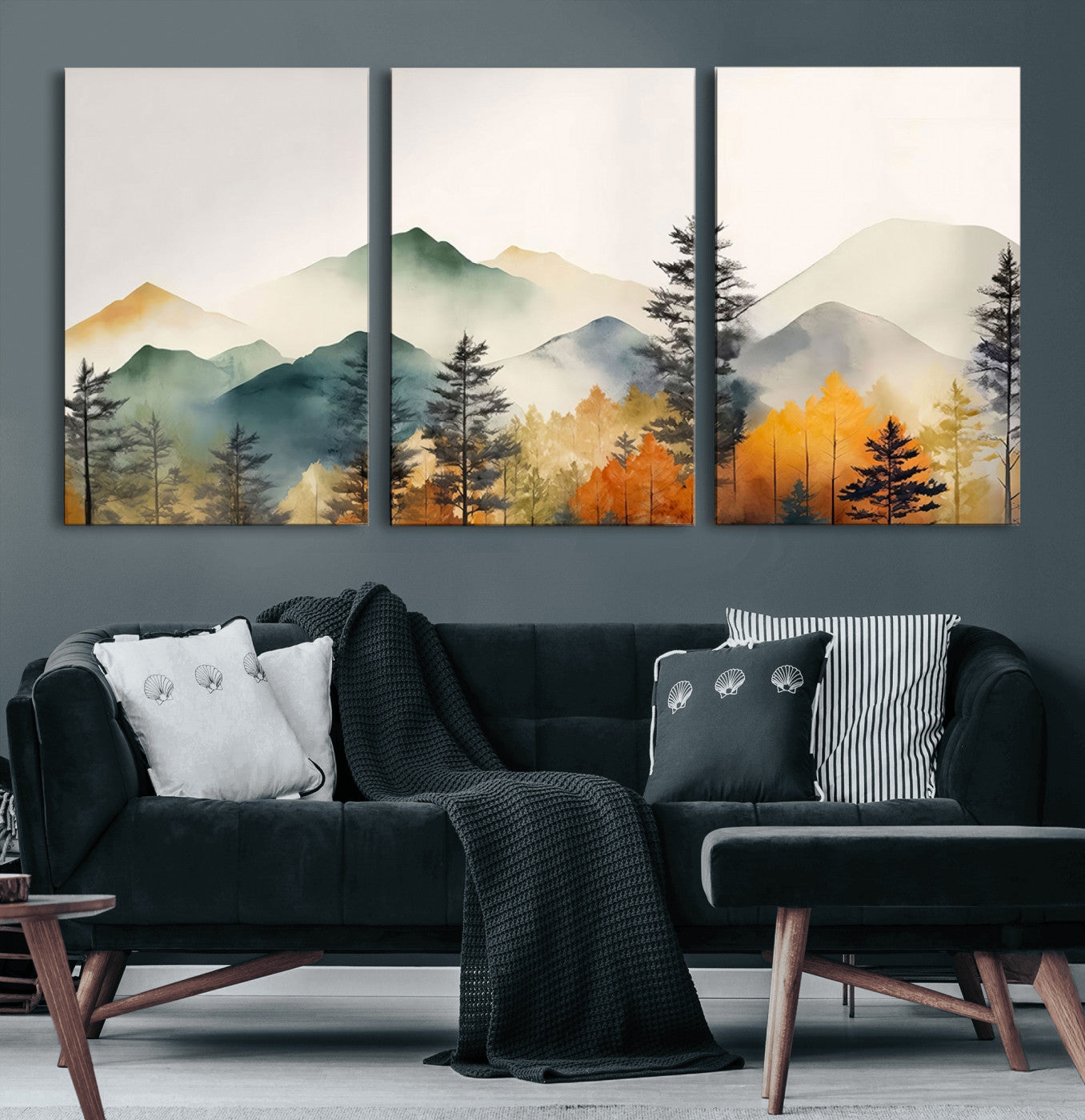 Abstract Watercolor Mountains and Trees Autumn Wall Art,