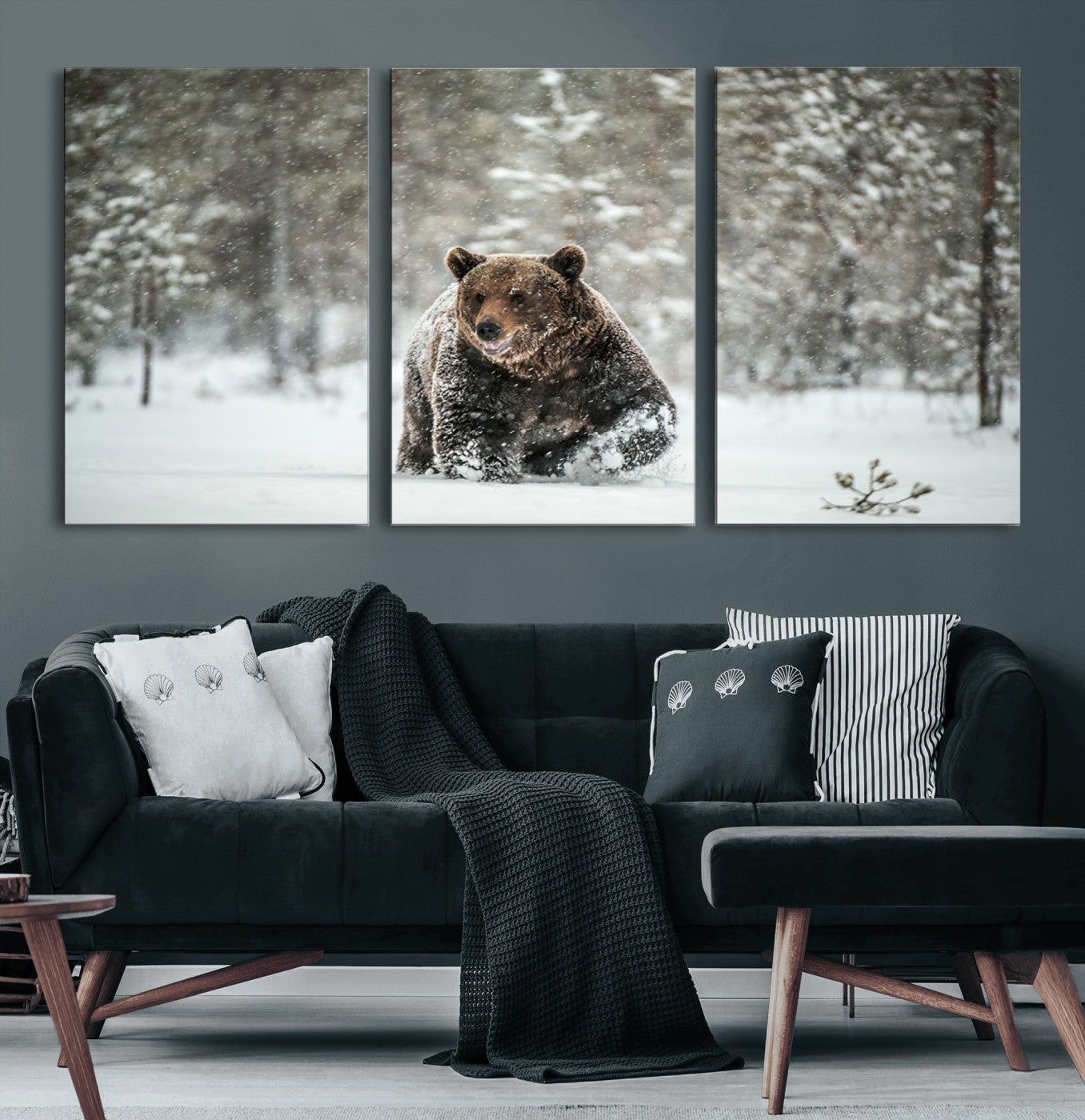 Grizzly Bear Wall Art – Framed Snowy Forest Canvas Artwork,
