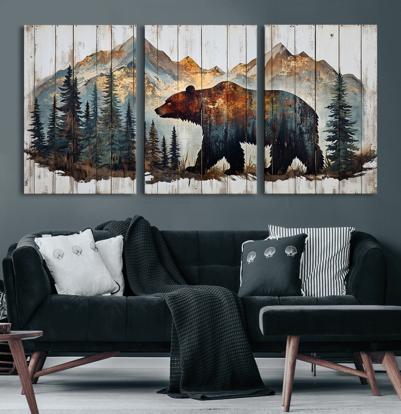 Rustic Grizzly 399 Bear and Mountain Wood Canvas Wall Art -