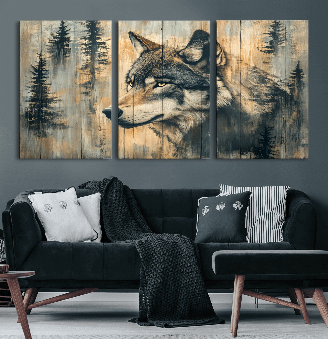 Wood Style Rustic Wolf Wall Art Canvas Print, Vintage
