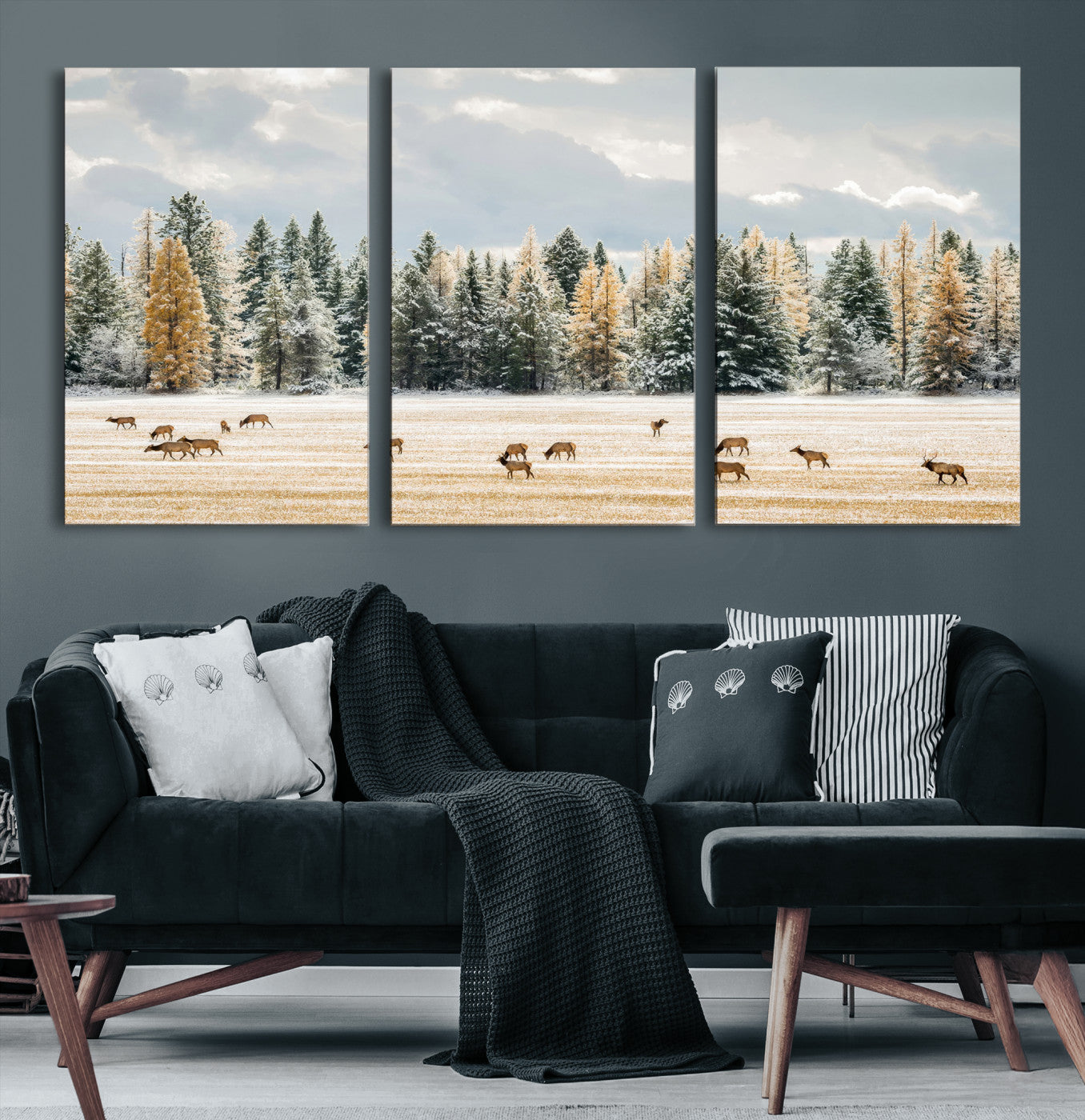 Elk Herd Wall Art – Framed Snowy Forest Canvas Artwork,