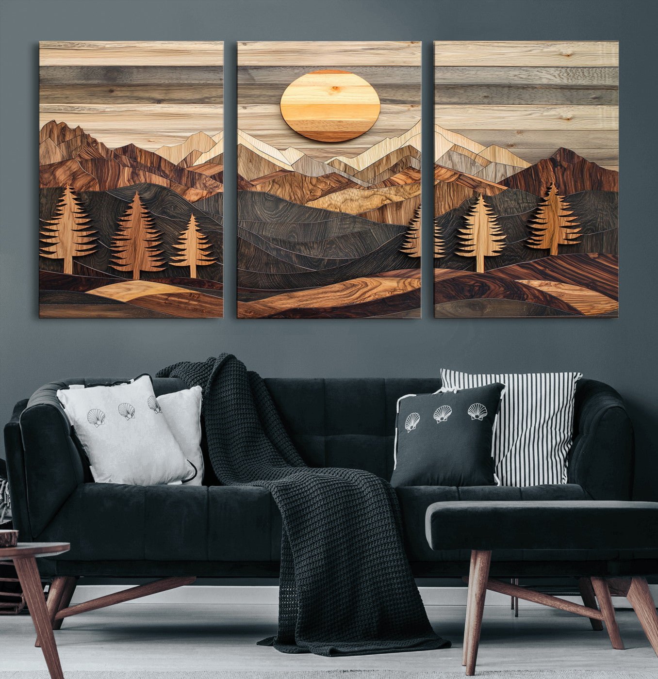 Wooden Mountain Layers Art – Rustic Pine Tree Landscape