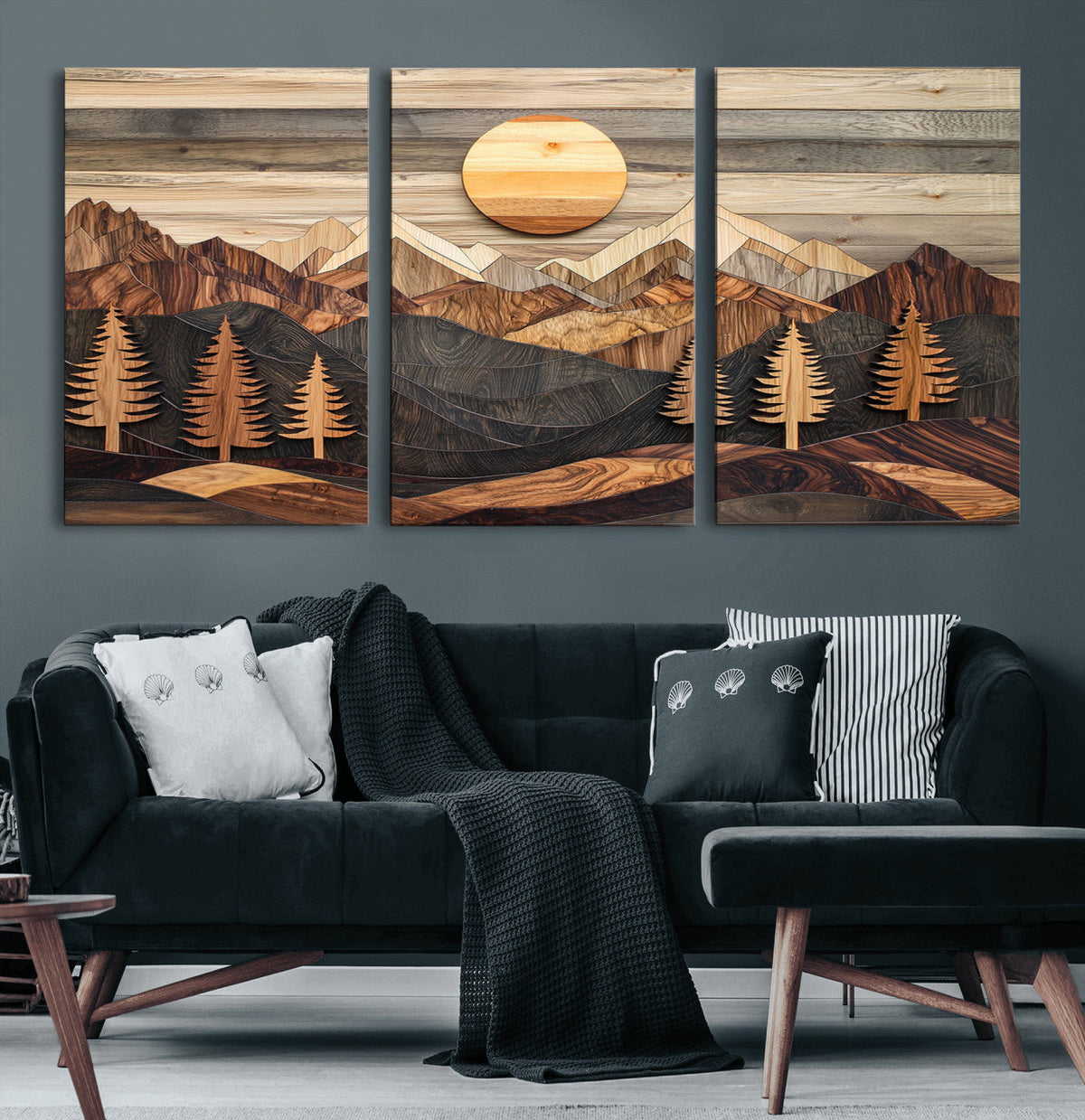 Wooden Mountain Layers Art – Rustic Pine Tree Landscape