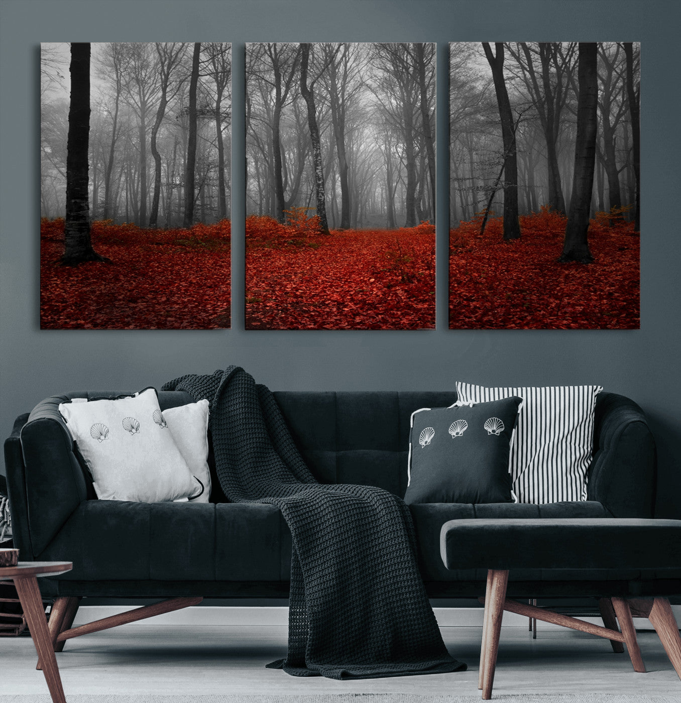 Red Forest Floor Canvas Wall Art – Mystical Foggy Woodland