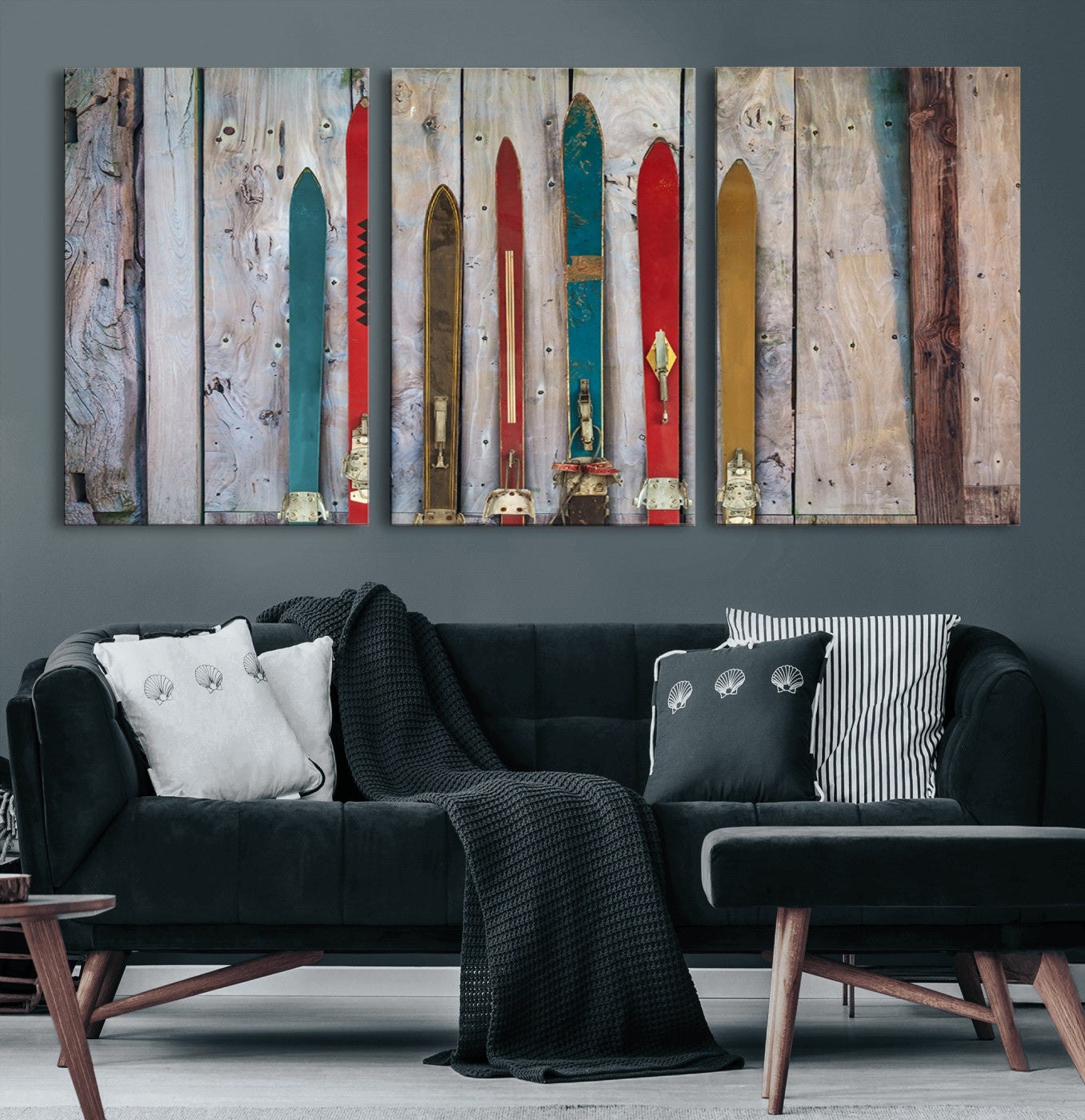 Vintage Wooden Weathered Ski's in Front of an Old Barn Wall