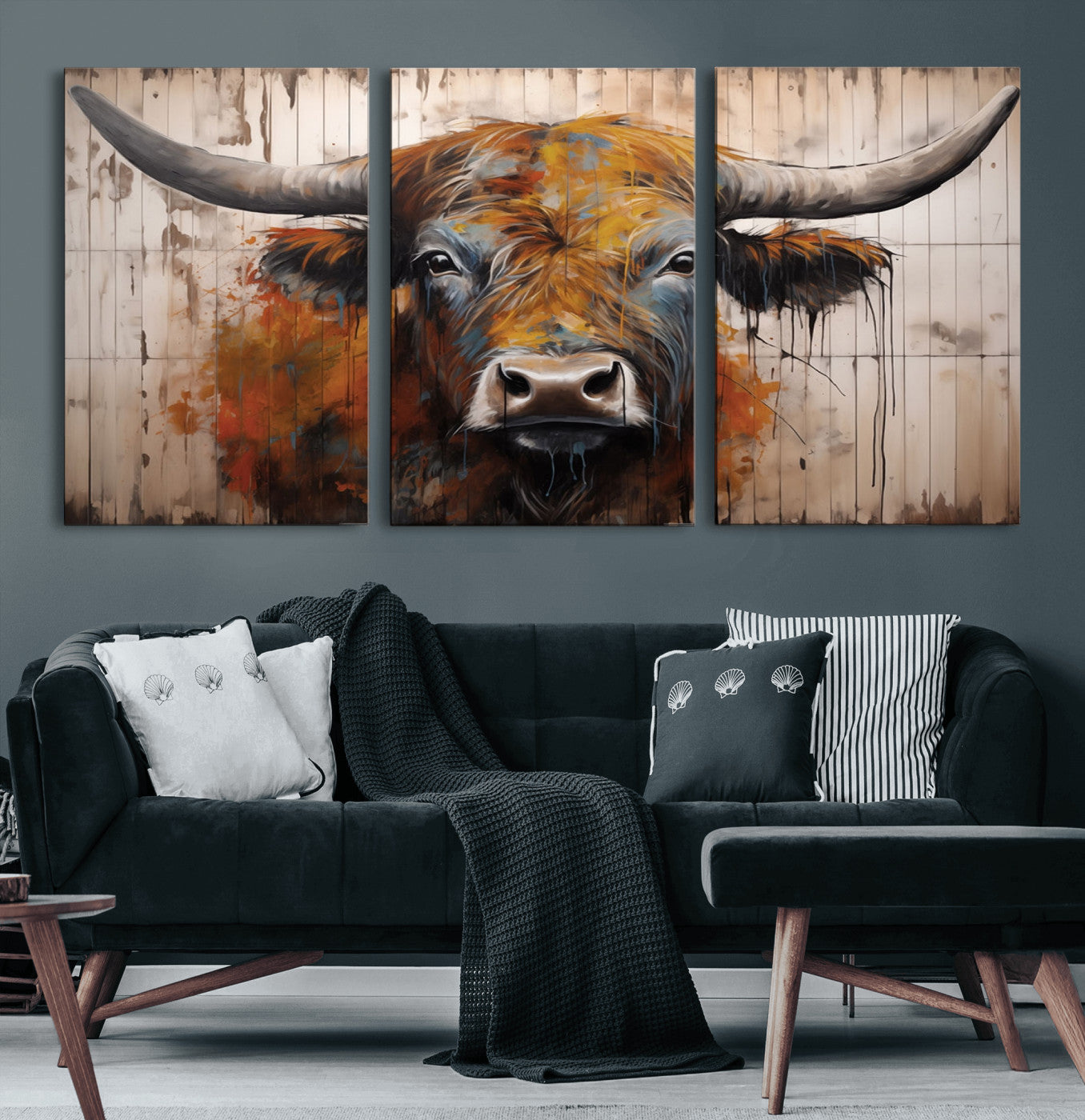 Scottish Highland Cow Cattle Art Print on Wood Style