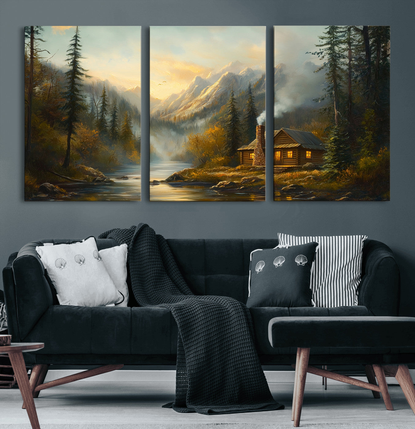 Wood Cabin Retreat Mountain at Sunset Wall Art Print -