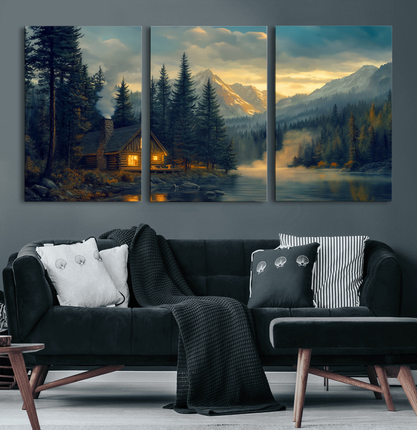 Mountain Cabin by the Lake at Sunset Wall Art - Serene