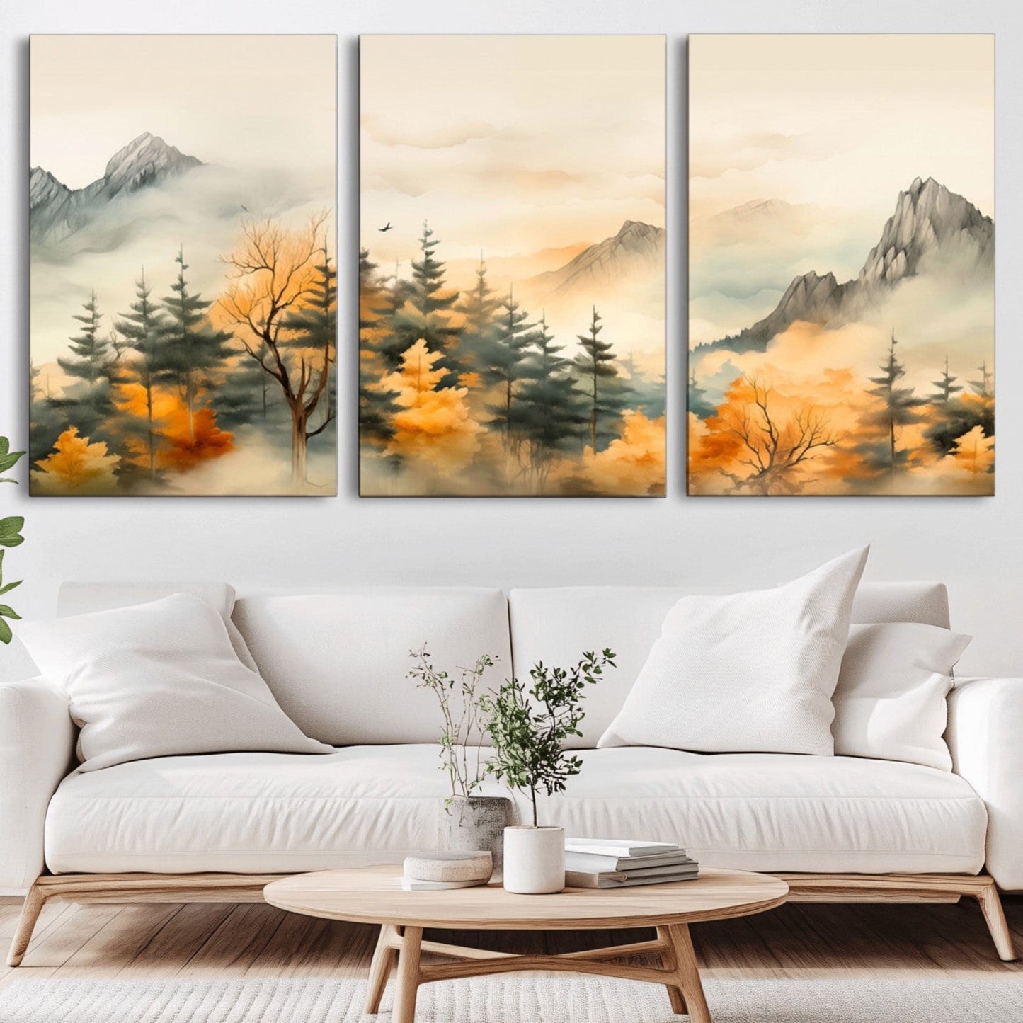 Abstract Watercolor Mountains and Trees Autumn Art,