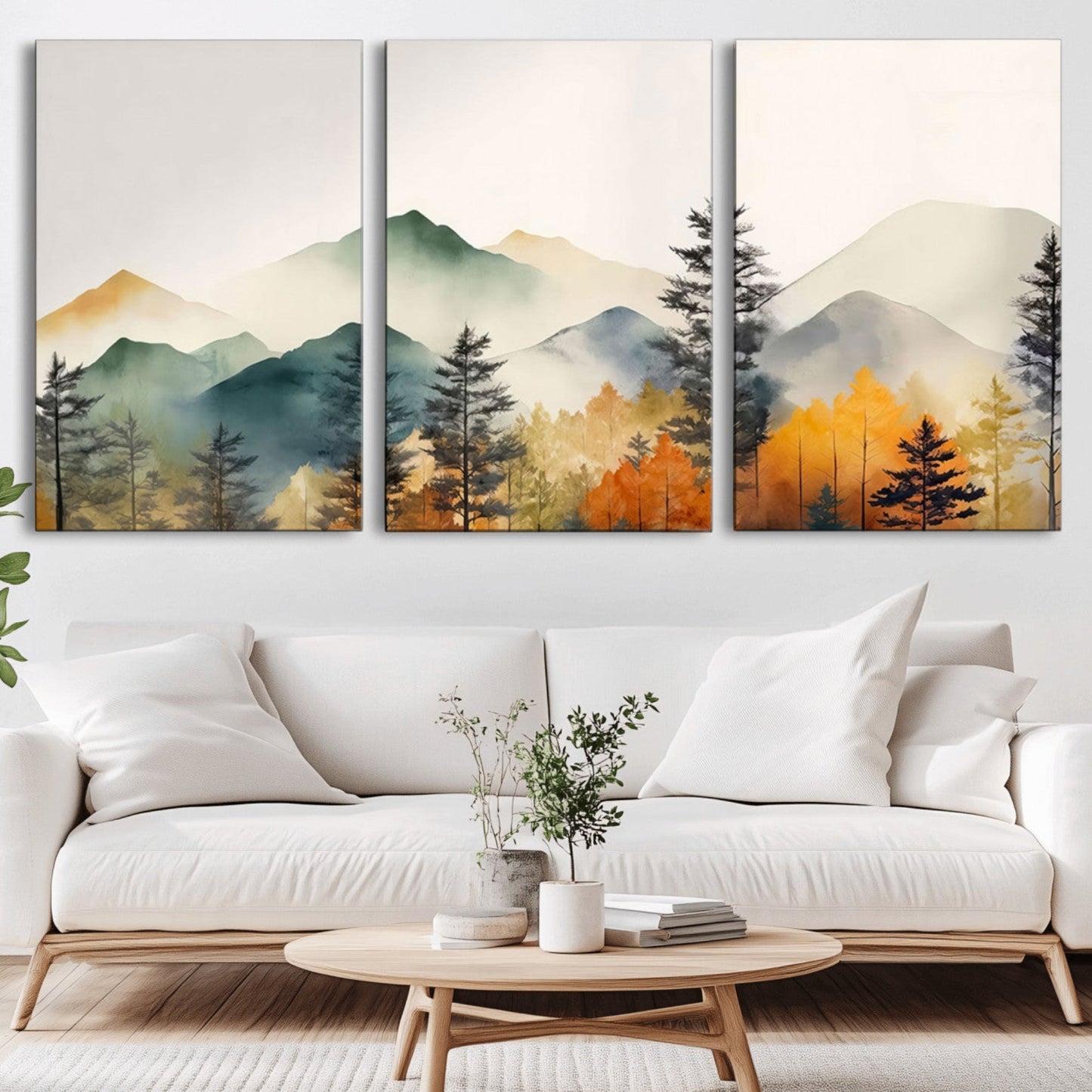 Abstract Watercolor Mountains and Trees Autumn Wall Art,