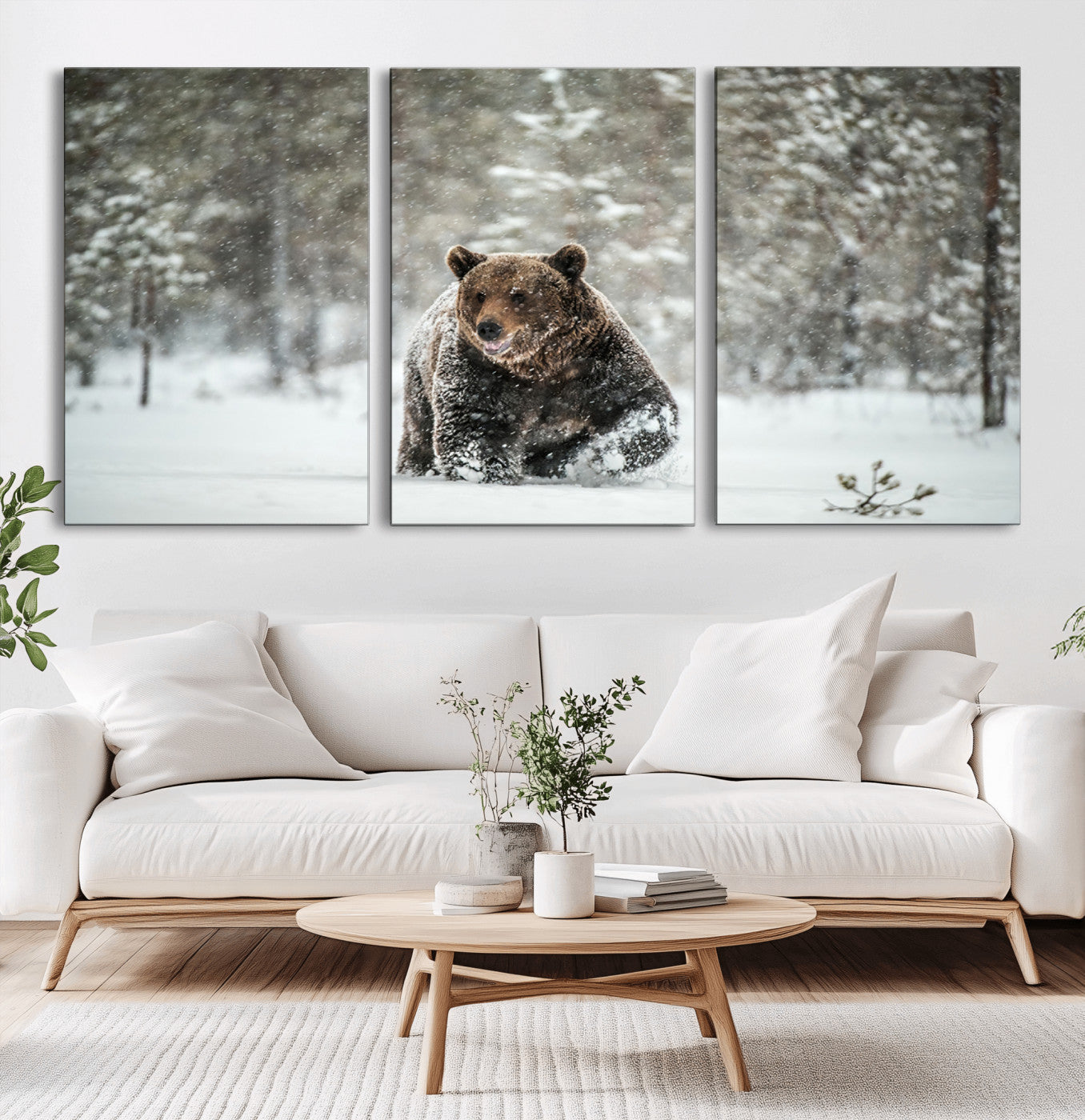 Grizzly Bear Wall Art – Framed Snowy Forest Canvas Artwork,
