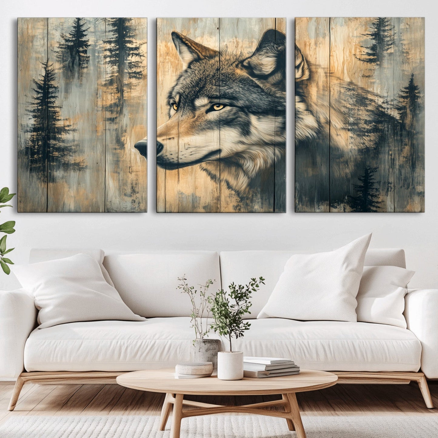 Wood Style Rustic Wolf Wall Art Canvas Print, Vintage