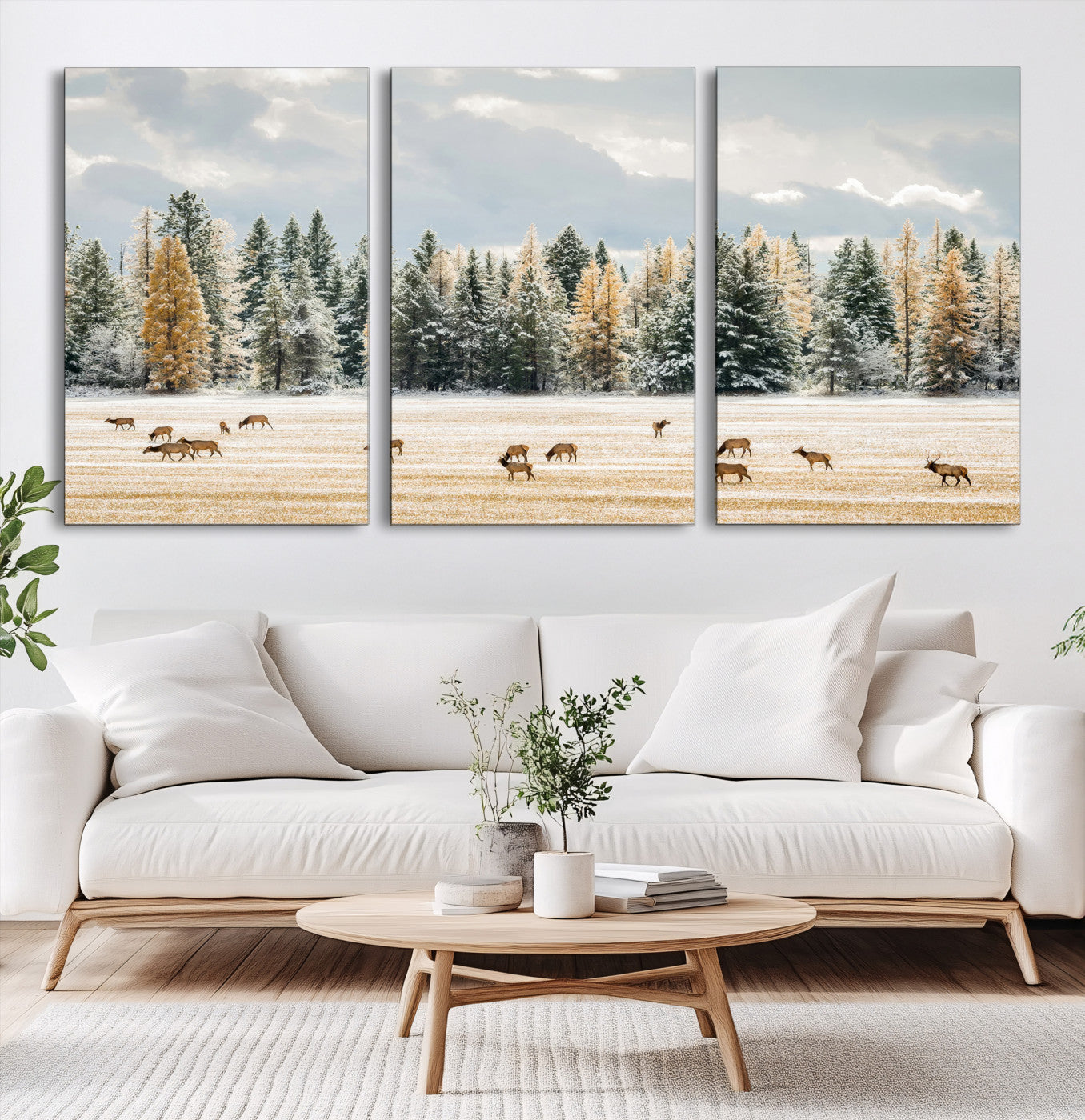 Elk Herd Wall Art – Framed Snowy Forest Canvas Artwork,
