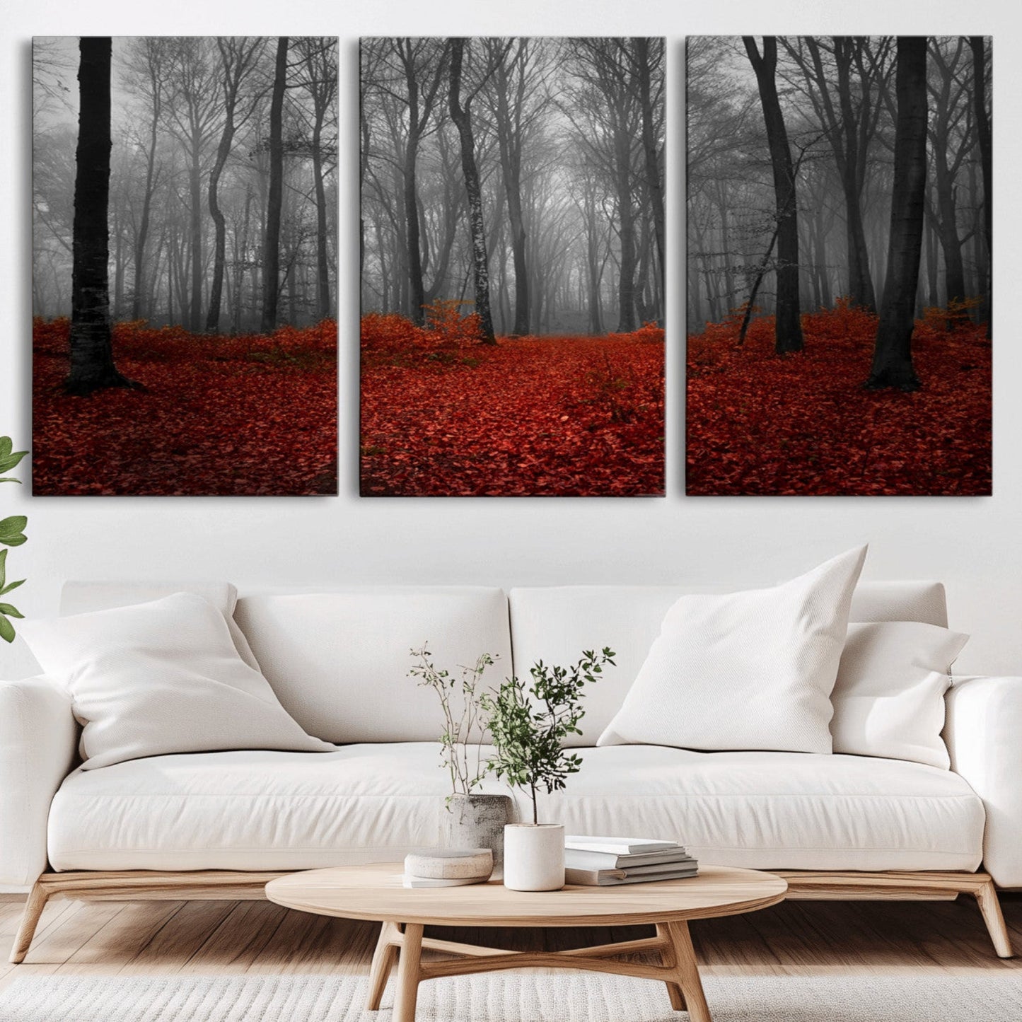 Red Forest Floor Canvas Wall Art – Mystical Foggy Woodland