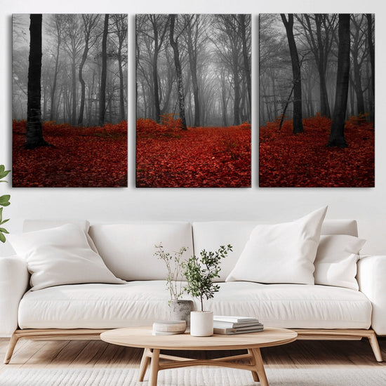Red Forest Floor Canvas Wall Art – Mystical Foggy Woodland