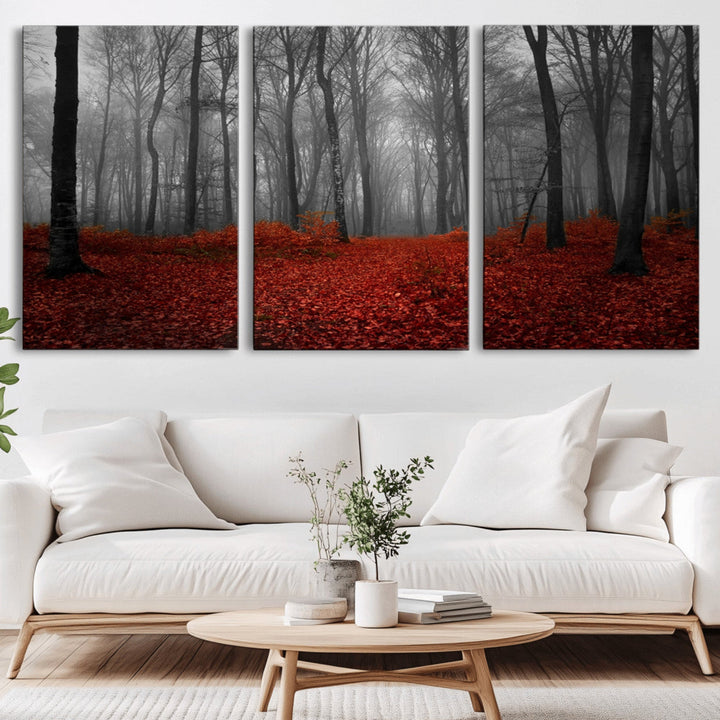Red Forest Floor Canvas Wall Art – Mystical Foggy Woodland