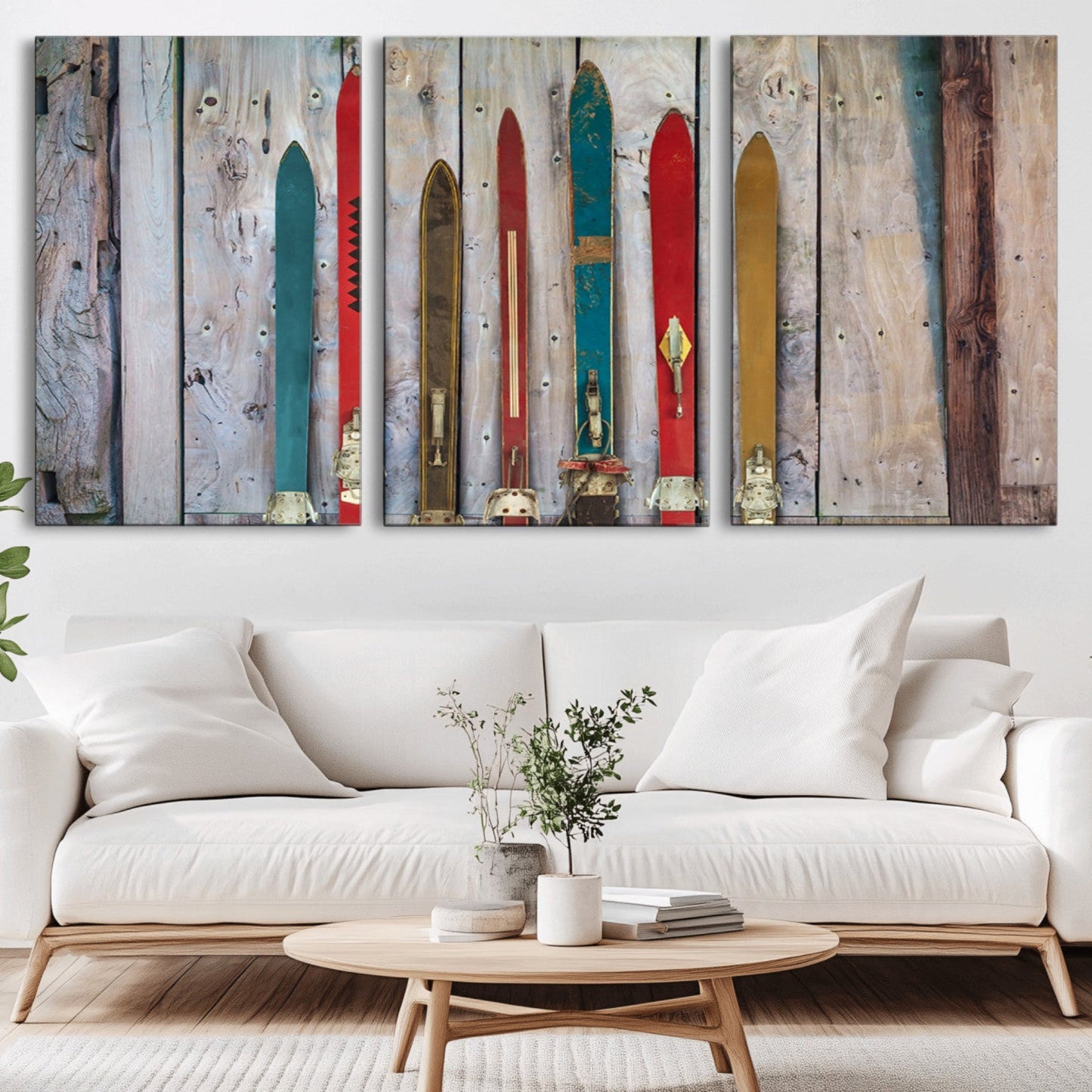 Vintage Wooden Weathered Ski's in Front of an Old Barn Wall