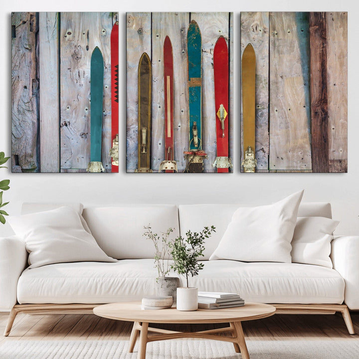 Vintage Wooden Weathered Ski's in Front of an Old Barn Wall