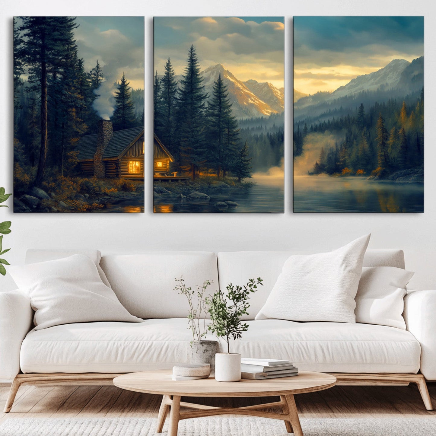 Mountain Cabin by the Lake at Sunset Wall Art - Serene