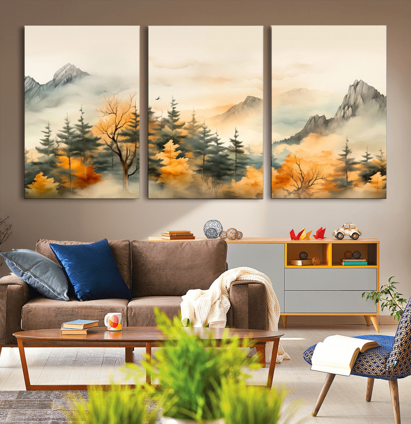 Abstract Watercolor Mountains and Trees Autumn Art,