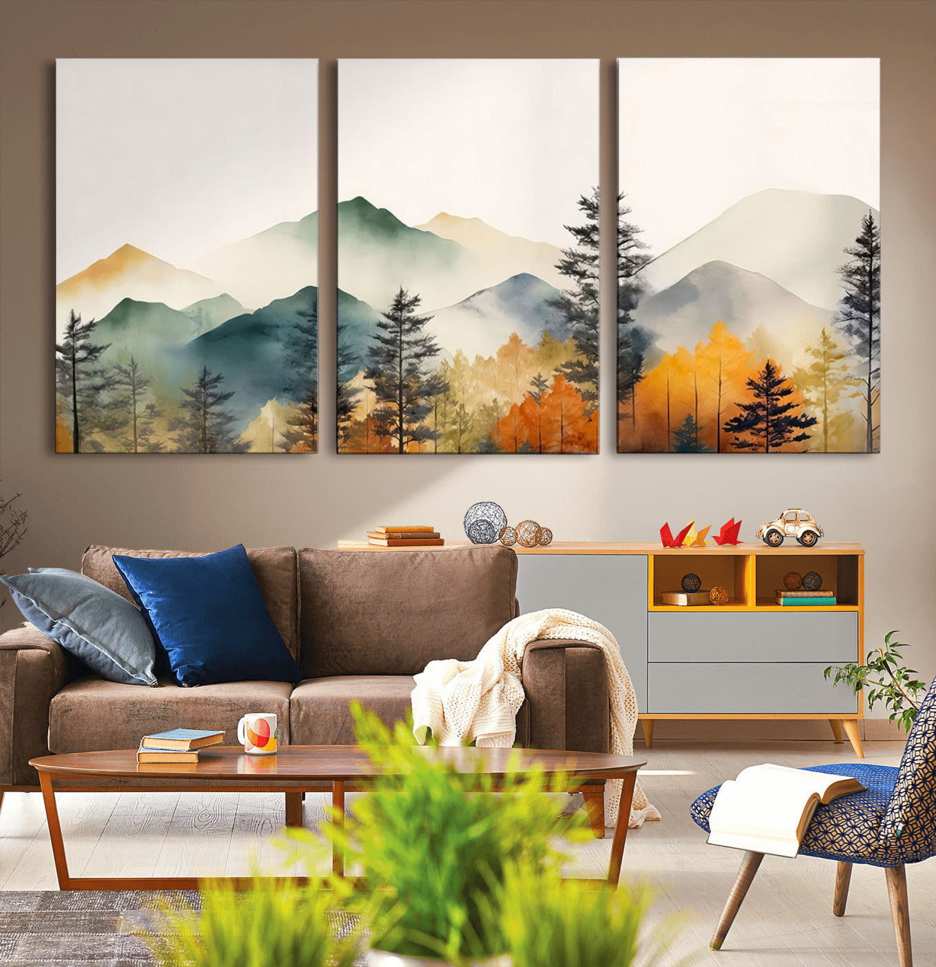 Abstract Watercolor Mountains and Trees Autumn Wall Art,