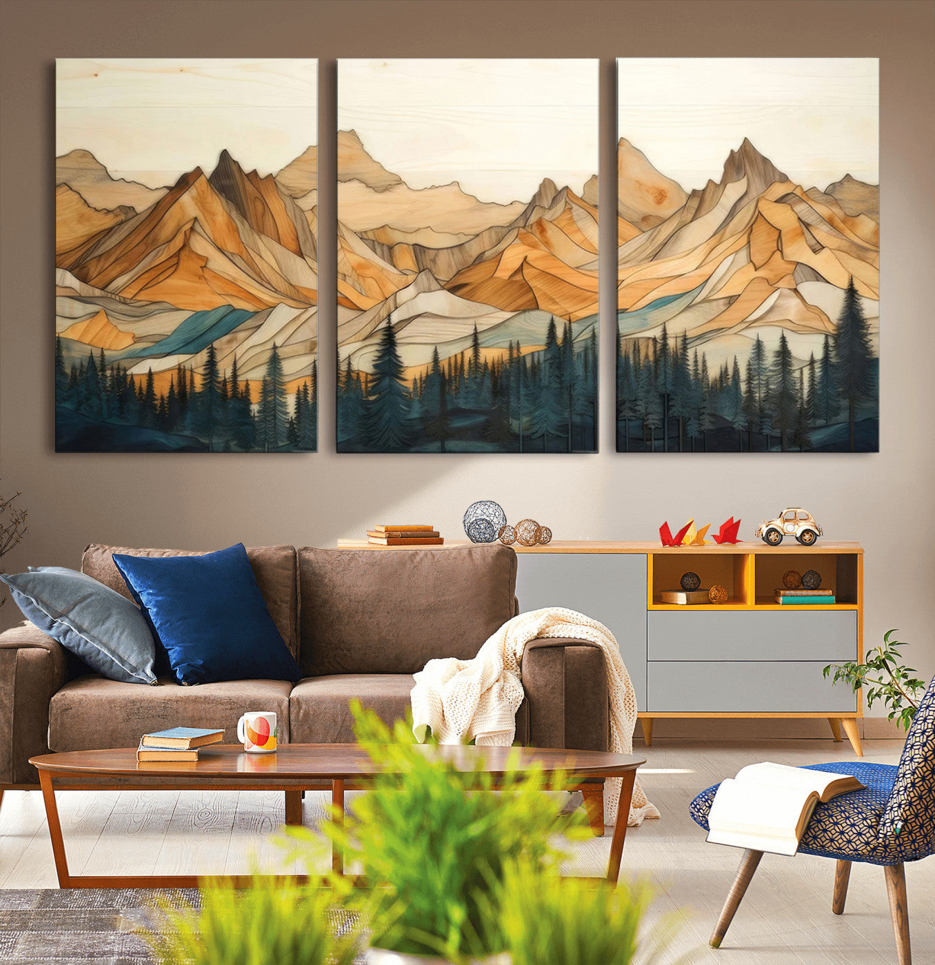 Rustic Wood Mountain Wall Art Print | Triptych Giclee Print