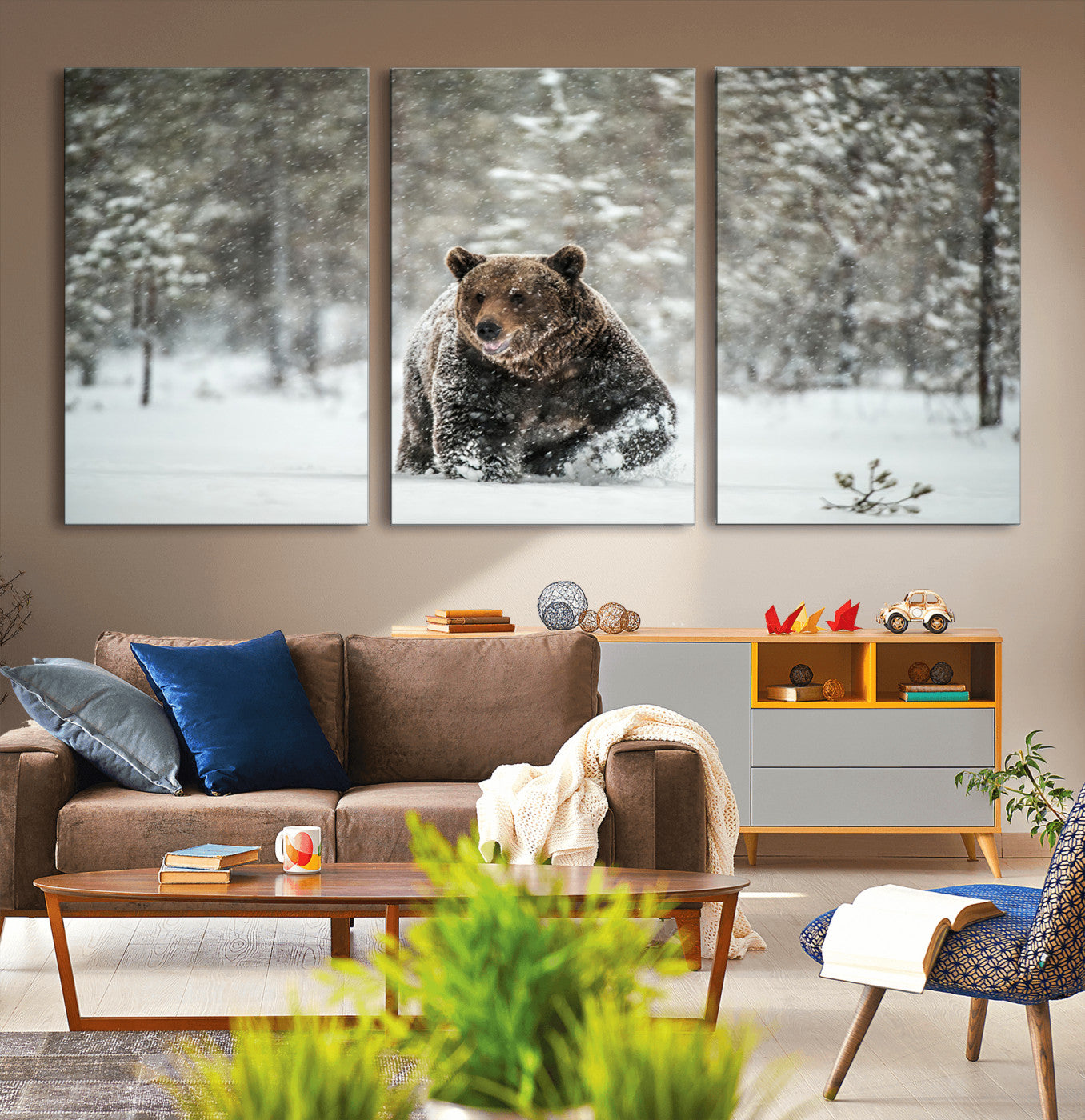 Grizzly Bear Wall Art – Framed Snowy Forest Canvas Artwork,