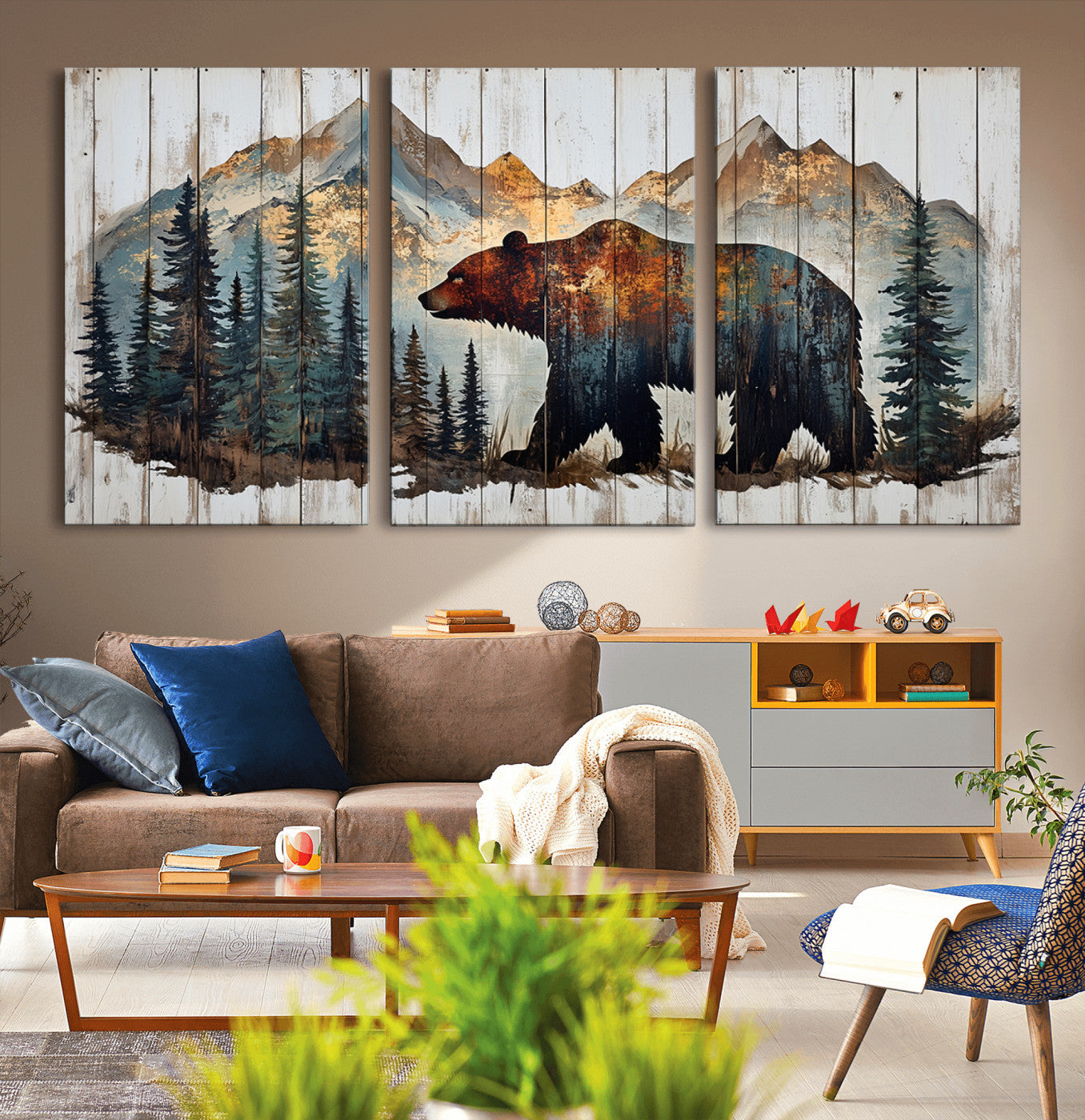 Rustic Grizzly 399 Bear and Mountain Wood Canvas Wall Art -