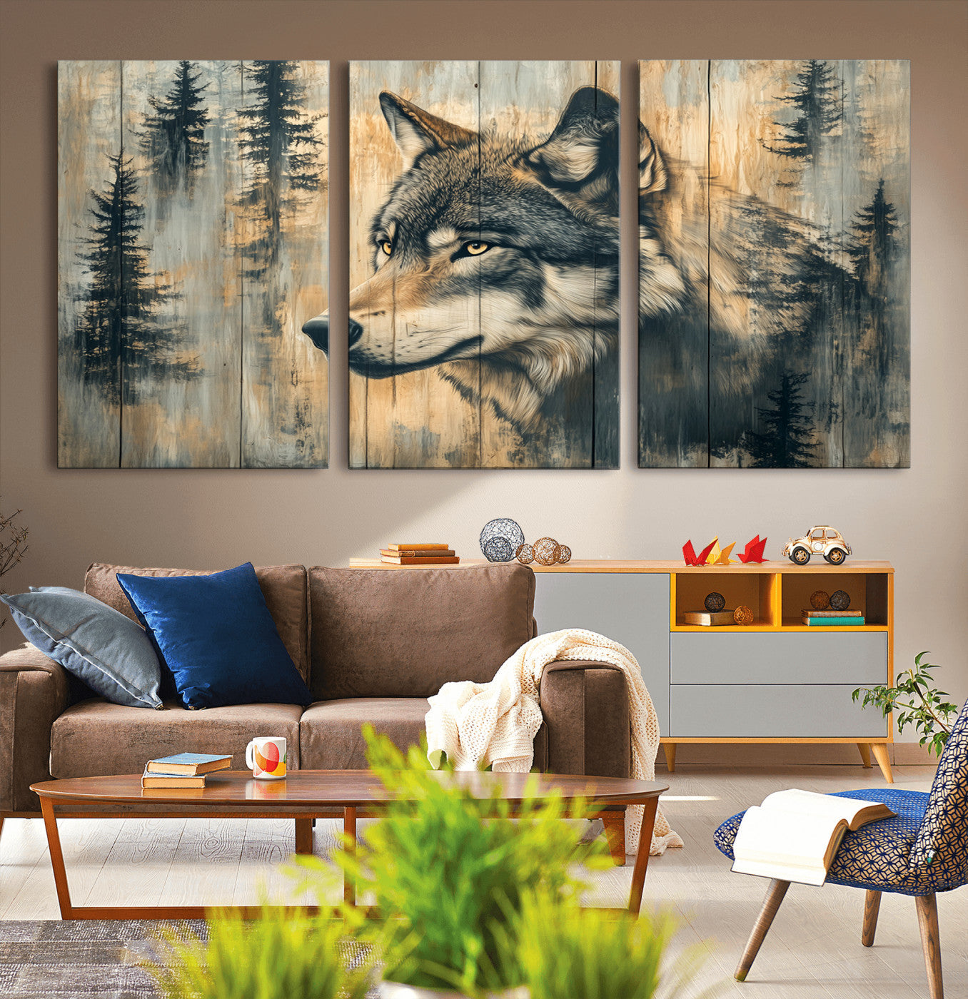 Wood Style Rustic Wolf Wall Art Canvas Print, Vintage