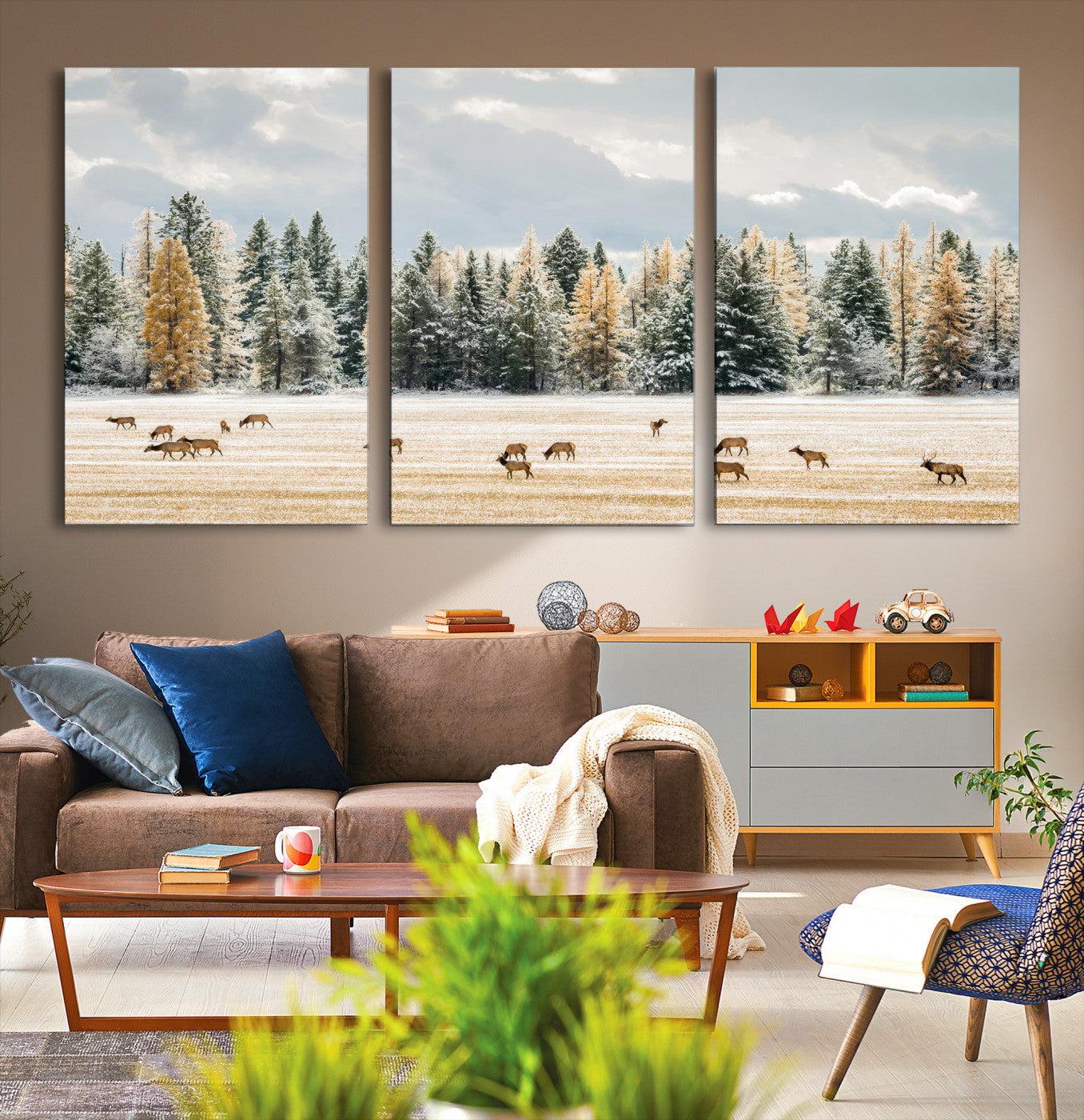 Elk Herd Wall Art – Framed Snowy Forest Canvas Artwork,