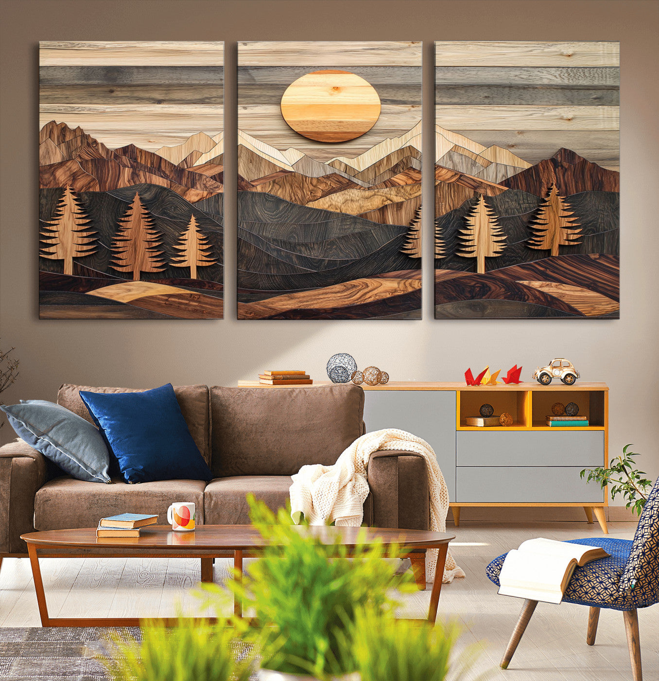Wooden Mountain Layers Art – Rustic Pine Tree Landscape