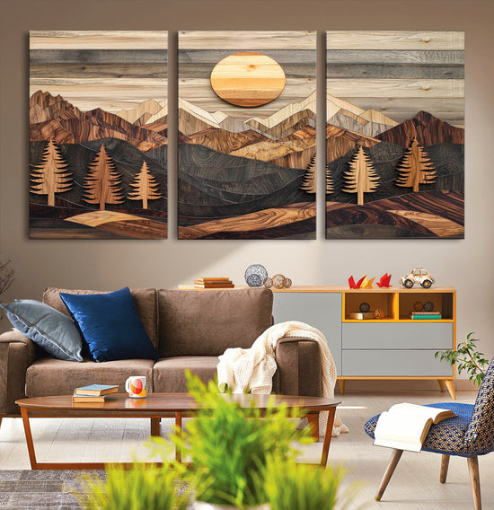 Wooden Mountain Layers Art – Rustic Pine Tree Landscape