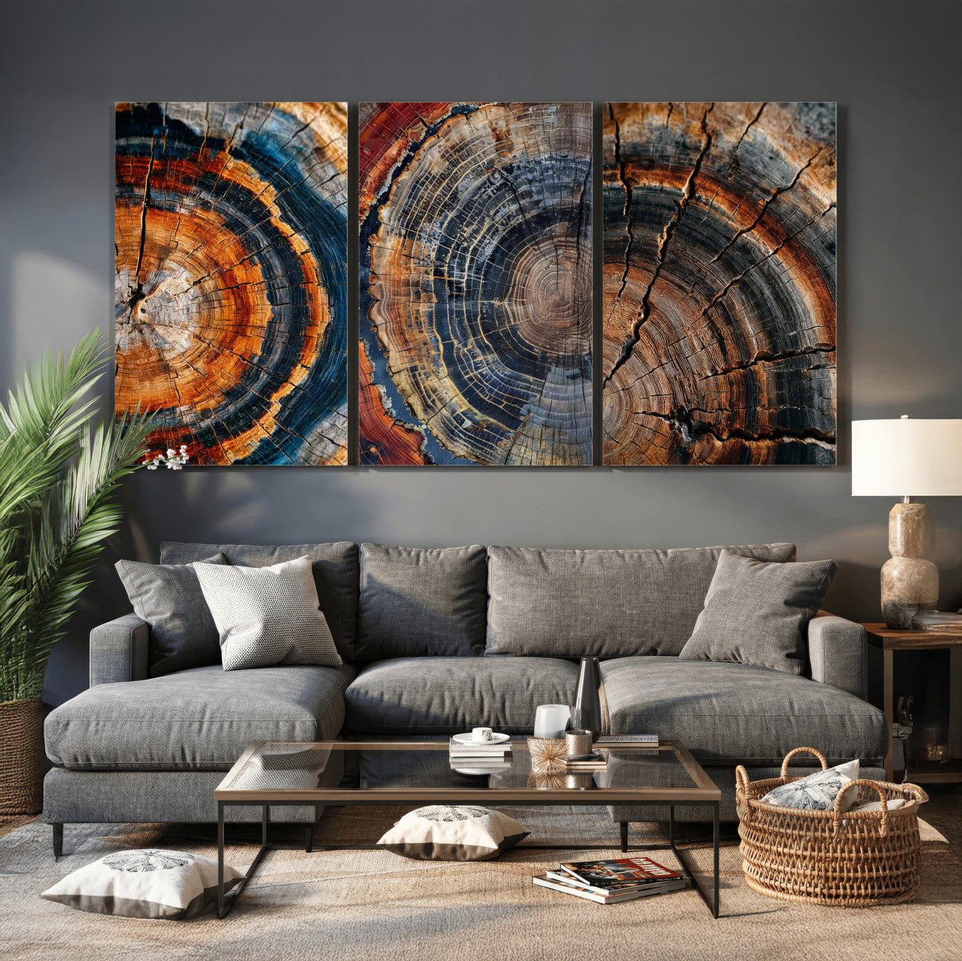 Tree Ring Canvas Wall Art, Wood Cross Section Triptych