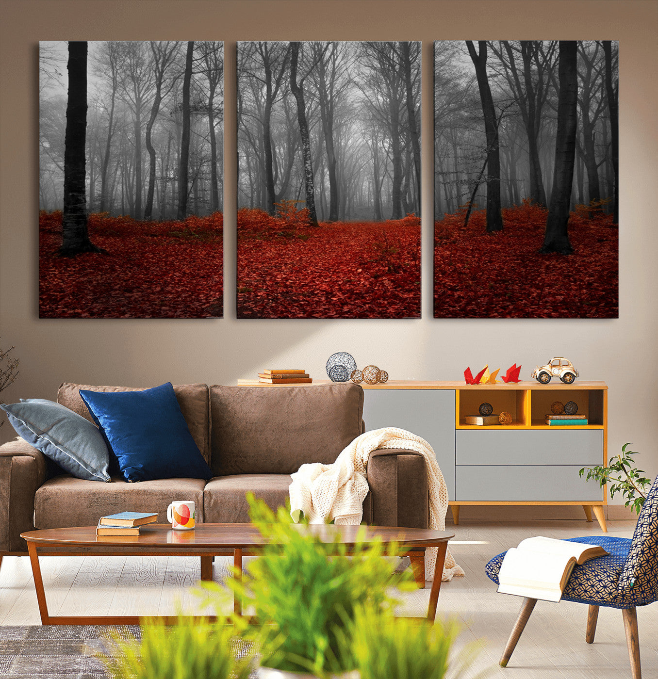 Red Forest Floor Canvas Wall Art – Mystical Foggy Woodland