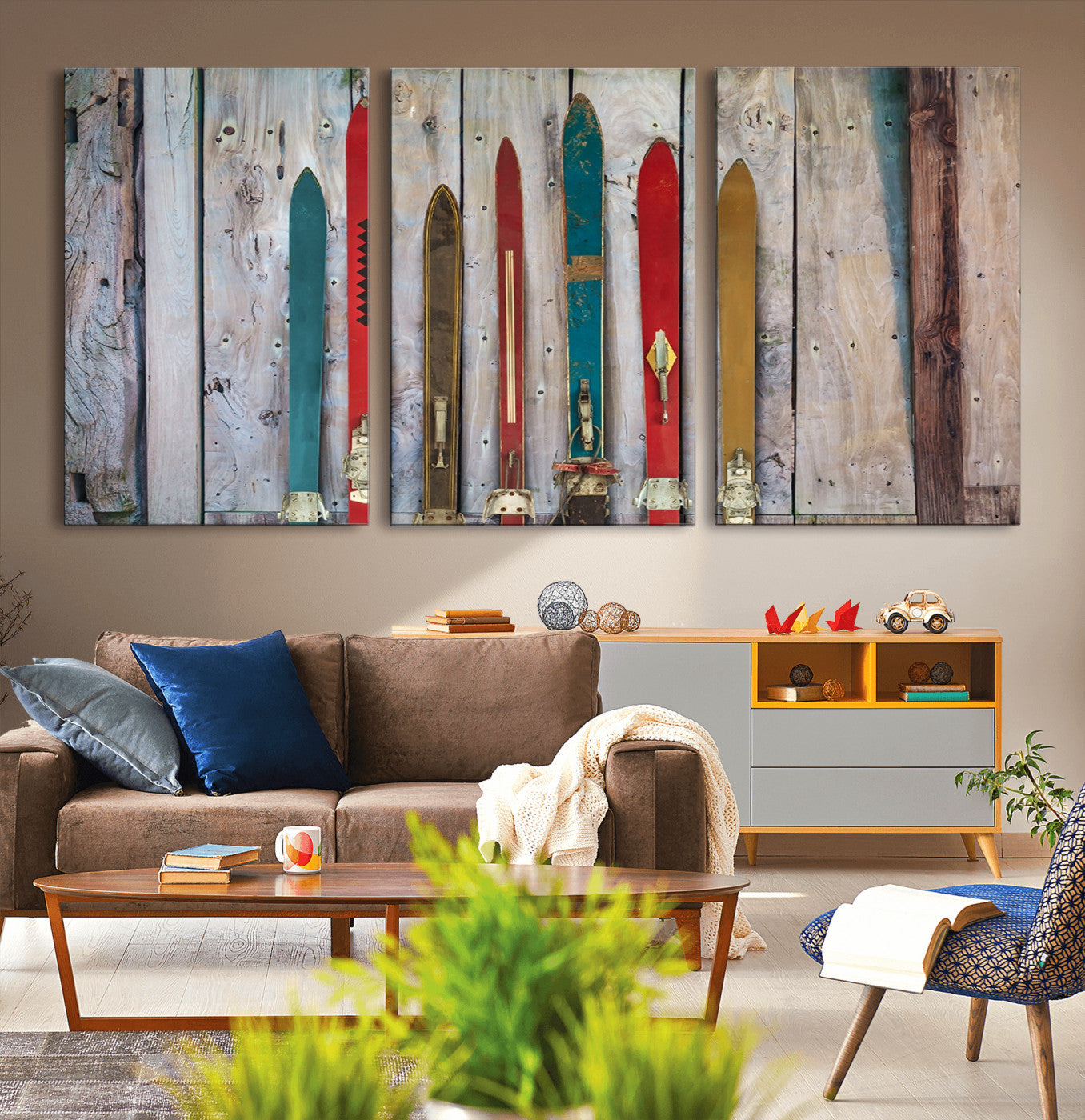 Vintage Wooden Weathered Ski's in Front of an Old Barn Wall