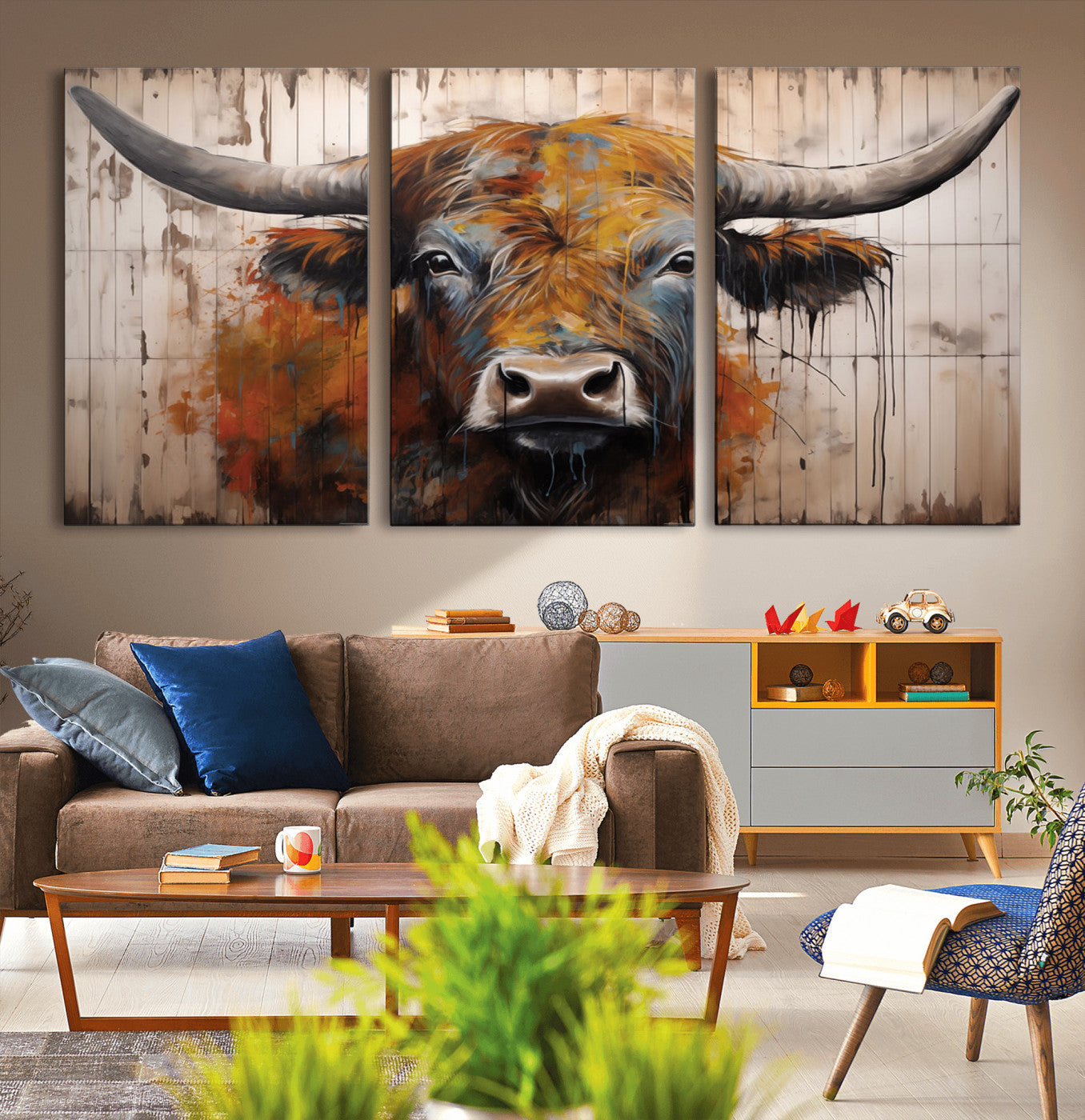 Scottish Highland Cow Cattle Art Print on Wood Style