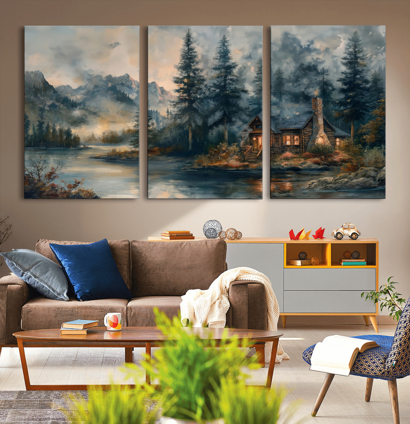 Rustic Cabin Woods Wall Art Print | Lake in a Forest Canvas