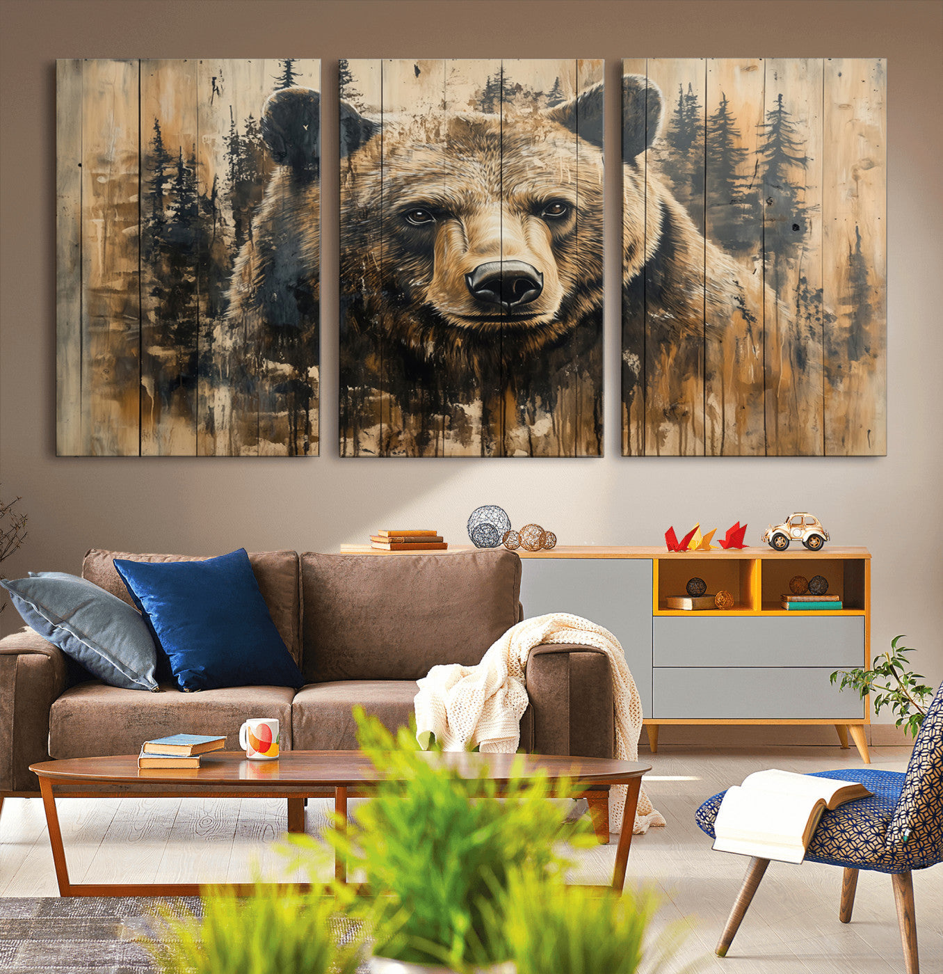 Majestic Grizzly 399 Bear Wall Art | 3-Panel Rustic Canvas