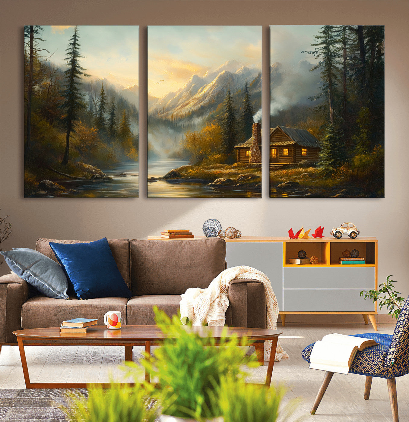 Wood Cabin Retreat Mountain at Sunset Wall Art Print -