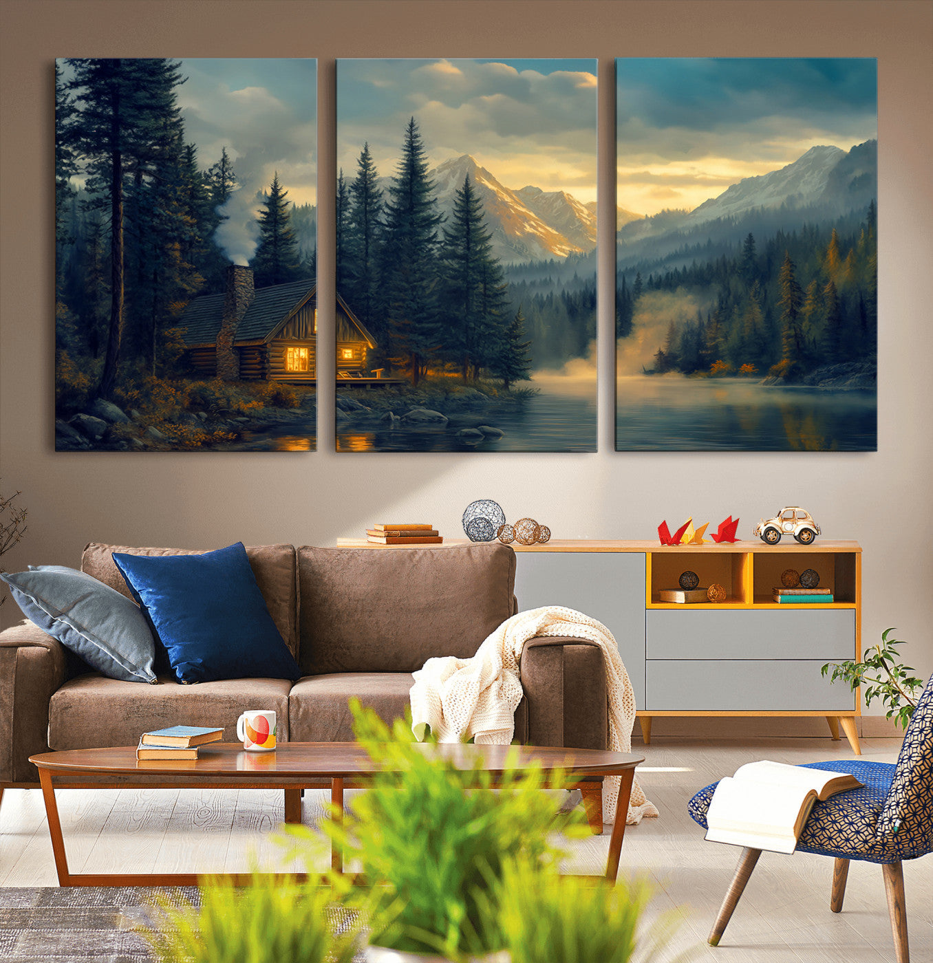 Mountain Cabin by the Lake at Sunset Wall Art - Serene