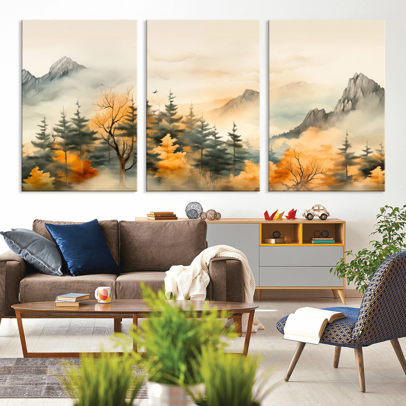 Abstract Watercolor Mountains and Trees Autumn Art,