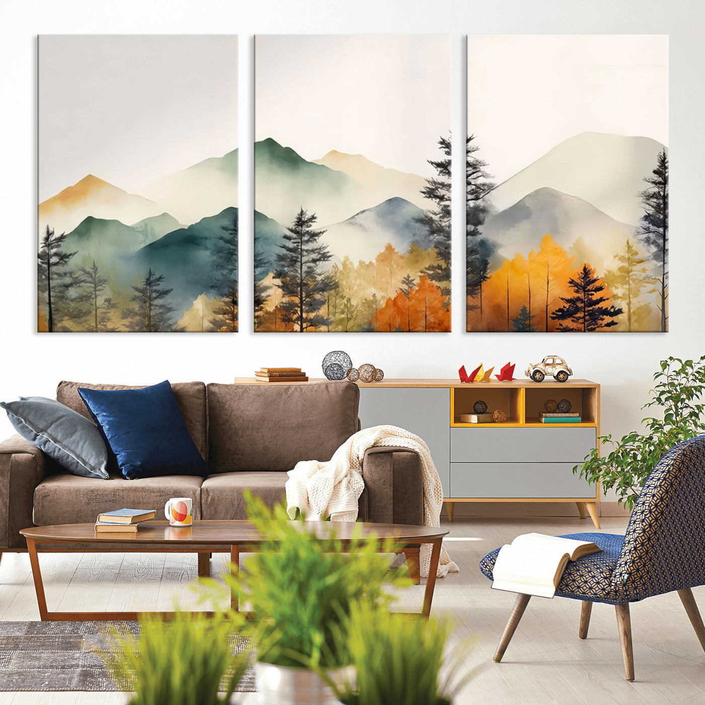 Abstract Watercolor Mountains and Trees Autumn Wall Art,