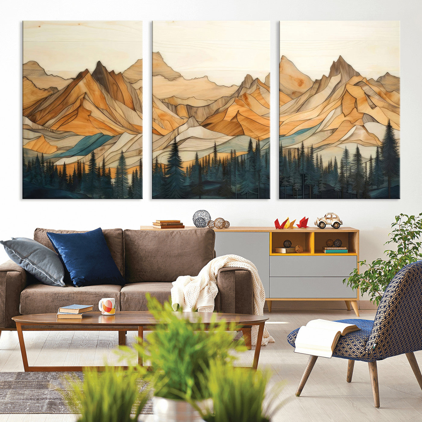 Rustic Wood Mountain Wall Art Print | Triptych Giclee Print