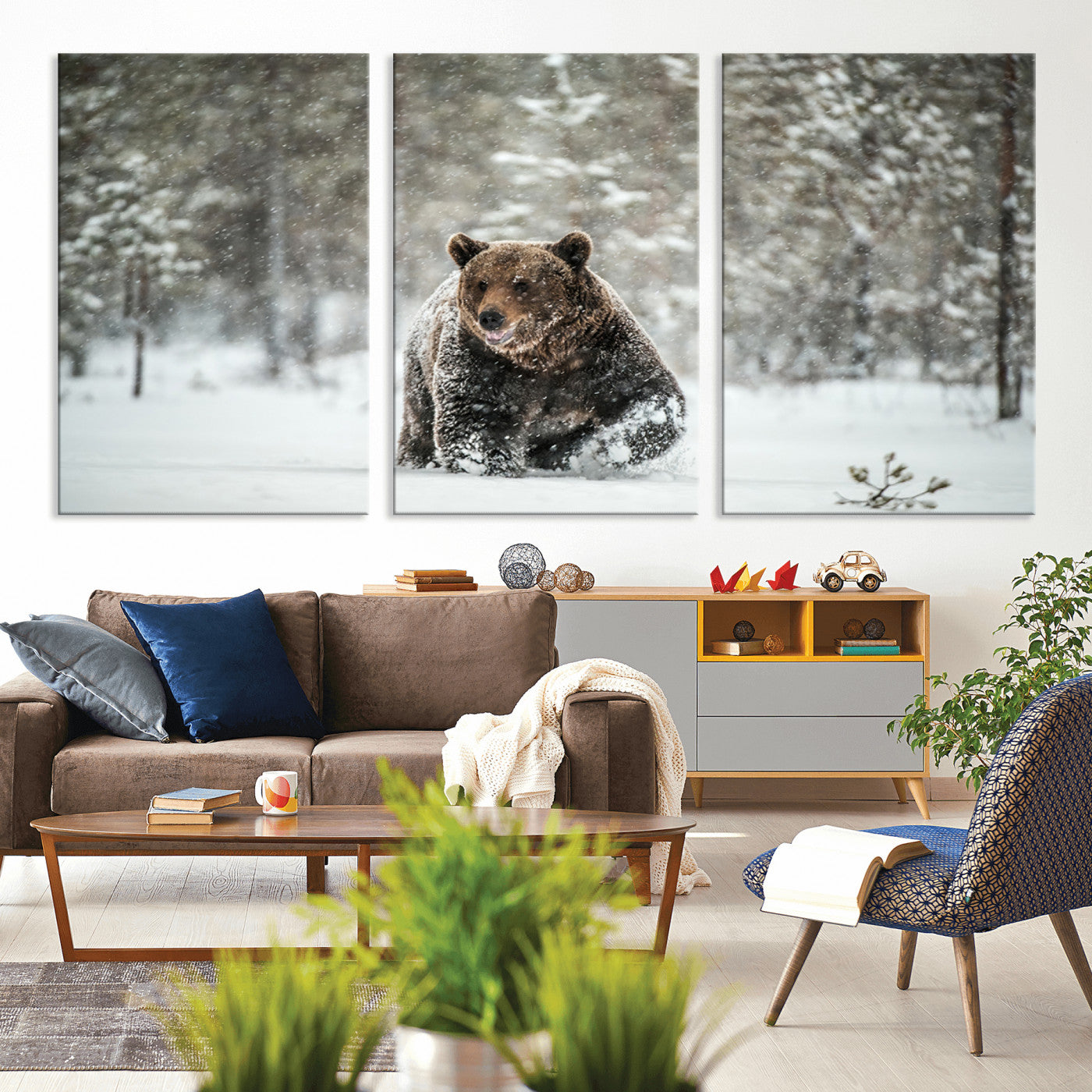 Grizzly Bear Wall Art – Framed Snowy Forest Canvas Artwork,