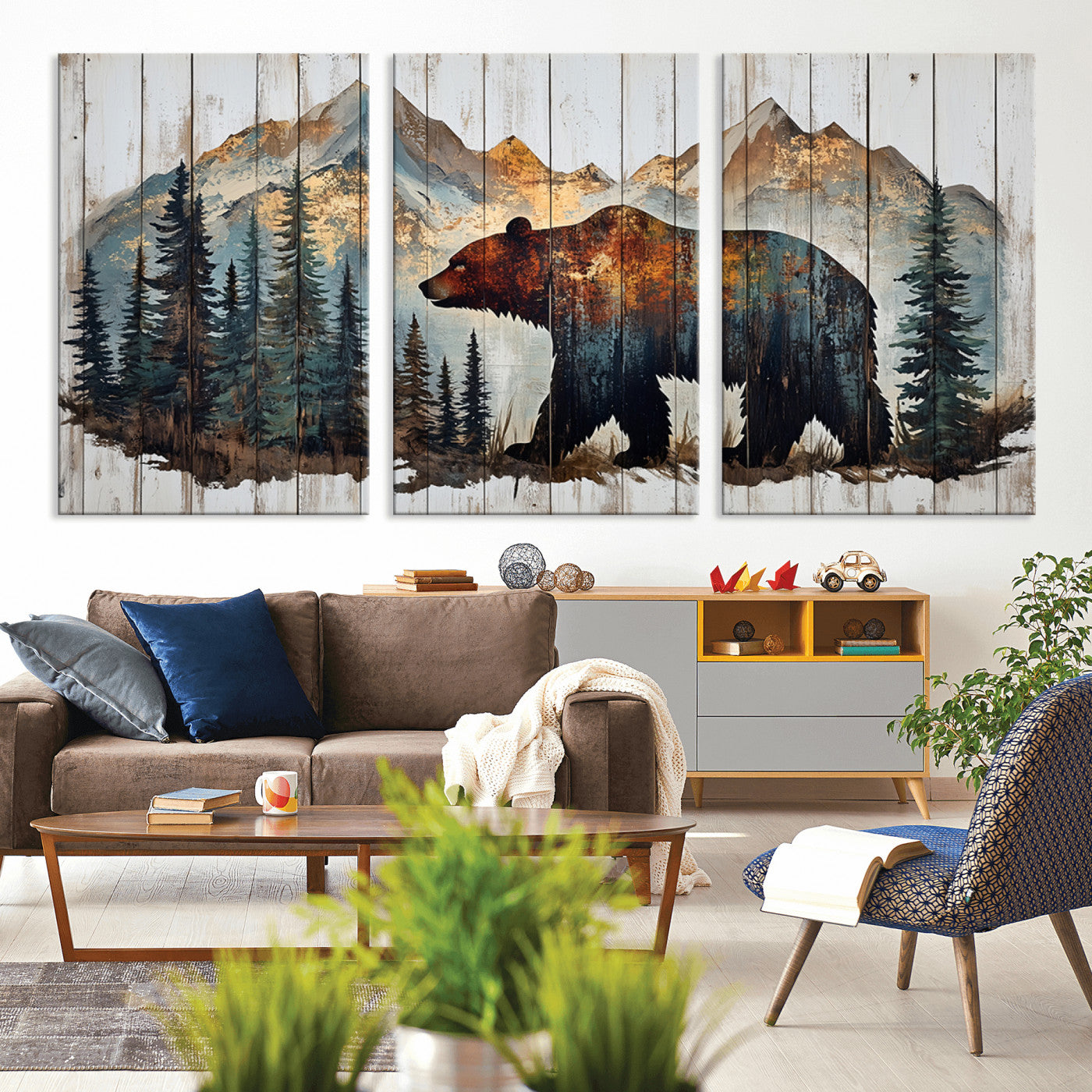 Rustic Grizzly 399 Bear and Mountain Wood Canvas Wall Art -