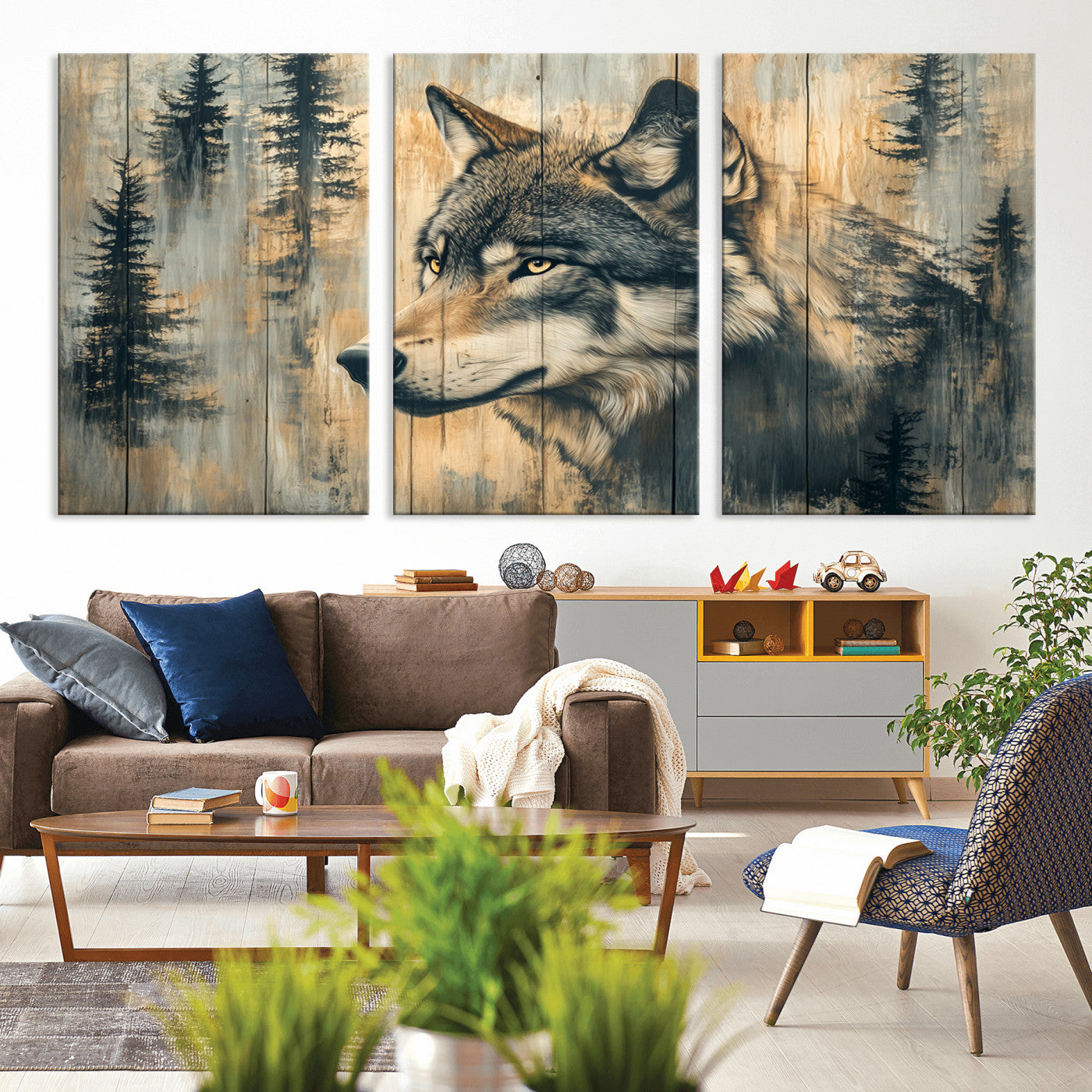 Wood Style Rustic Wolf Wall Art Canvas Print, Vintage