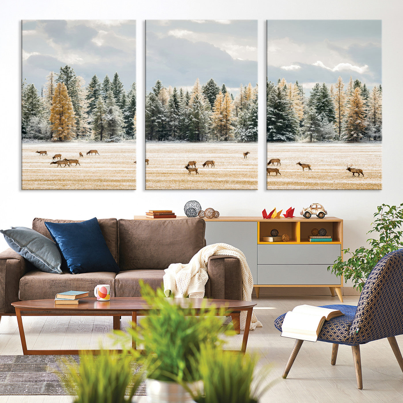 Elk Herd Wall Art – Framed Snowy Forest Canvas Artwork,