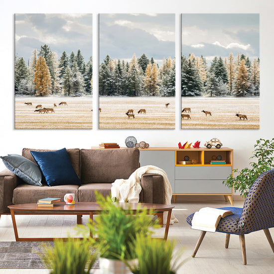 Elk Herd Wall Art – Framed Snowy Forest Canvas Artwork,